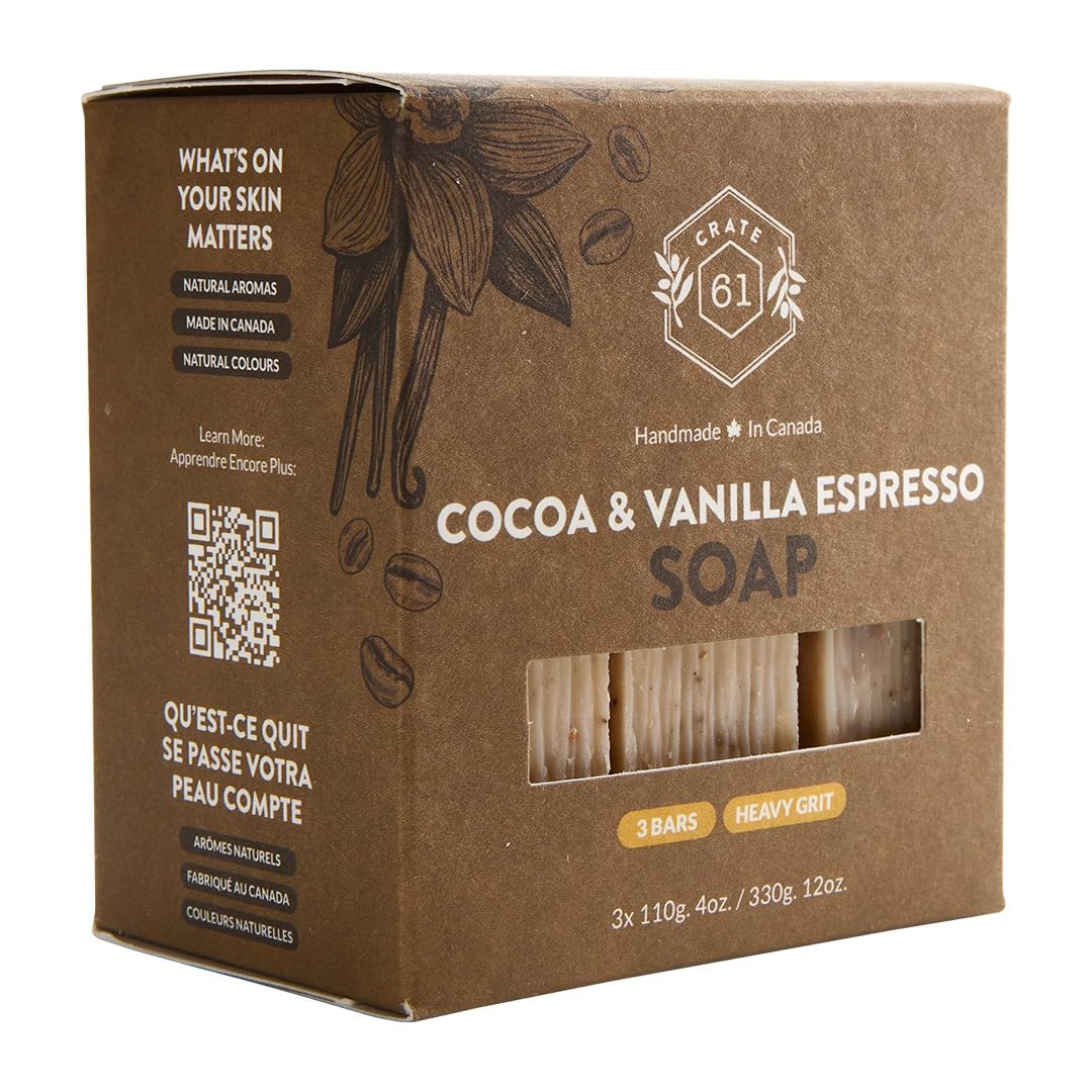 Crate 61, Handmade in Canada, Plant Based Cold Process Natural Bar Soap For Face And Body, With Premium Essential Oils, For Men And Women 3 Pack (Cocoa Vanilla Espresso)