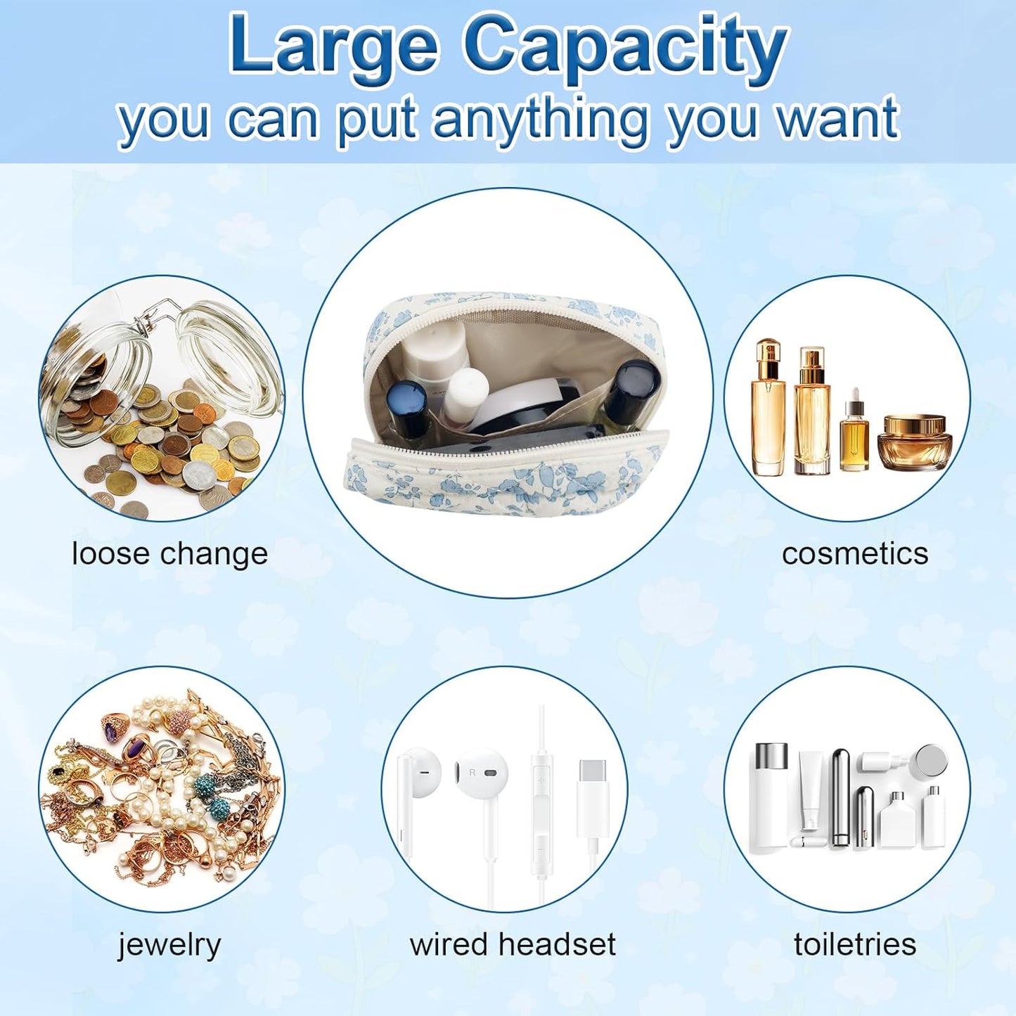 Small Quilted Cotton Makeup Bag for Purse Mini Cosmetic Period Bag for Women Cute Blue Flower Makeup Sanitary Pouch Portable Travel Toiletry Bags with Zipper Slip in Pockets Birthday Gifts