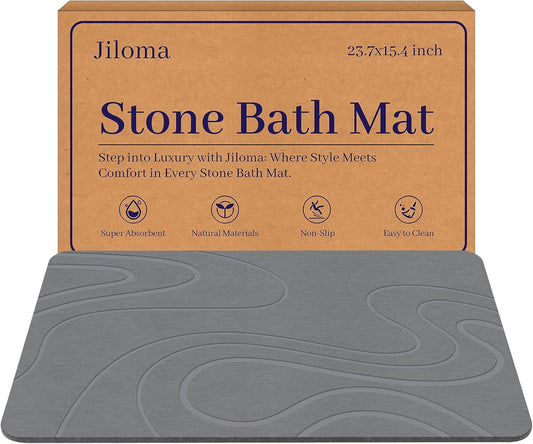Stone Bath Mat Diatomite Stone Mats for Bathroom Non-Slip Diatomaceous Earth Shower Mat Super Absorbent Bathroom Floor Mat Natural Easy to Clean(24 * 16 Grey)