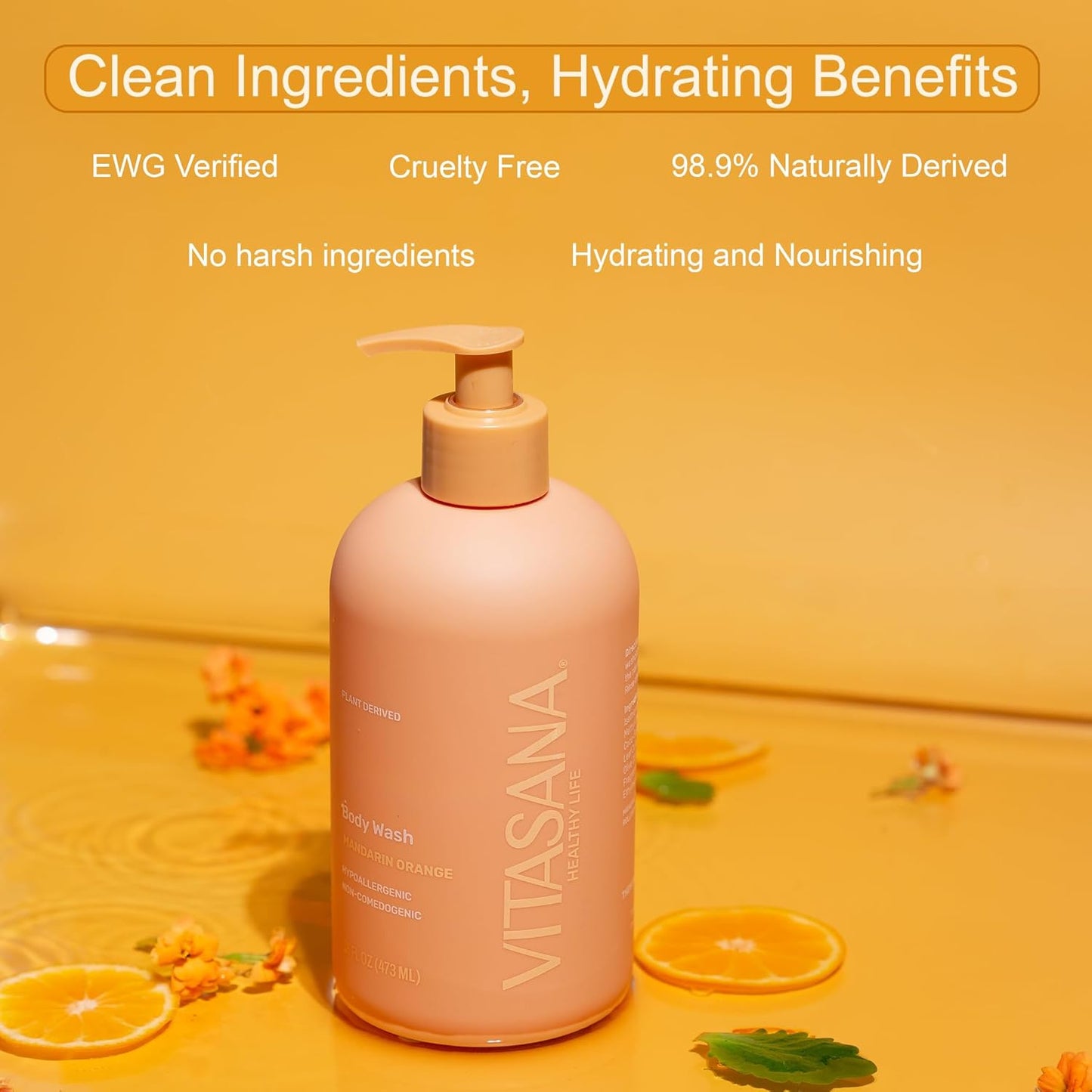 Natural Body Wash for Sensitive Skin, 16 oz – Mandarin Orange Scent, 98.9% Plant‑Derived, EWG Verified, Hypoallergenic, Paraben‑Free, Sulfate‑Free, Cruelty‑Free