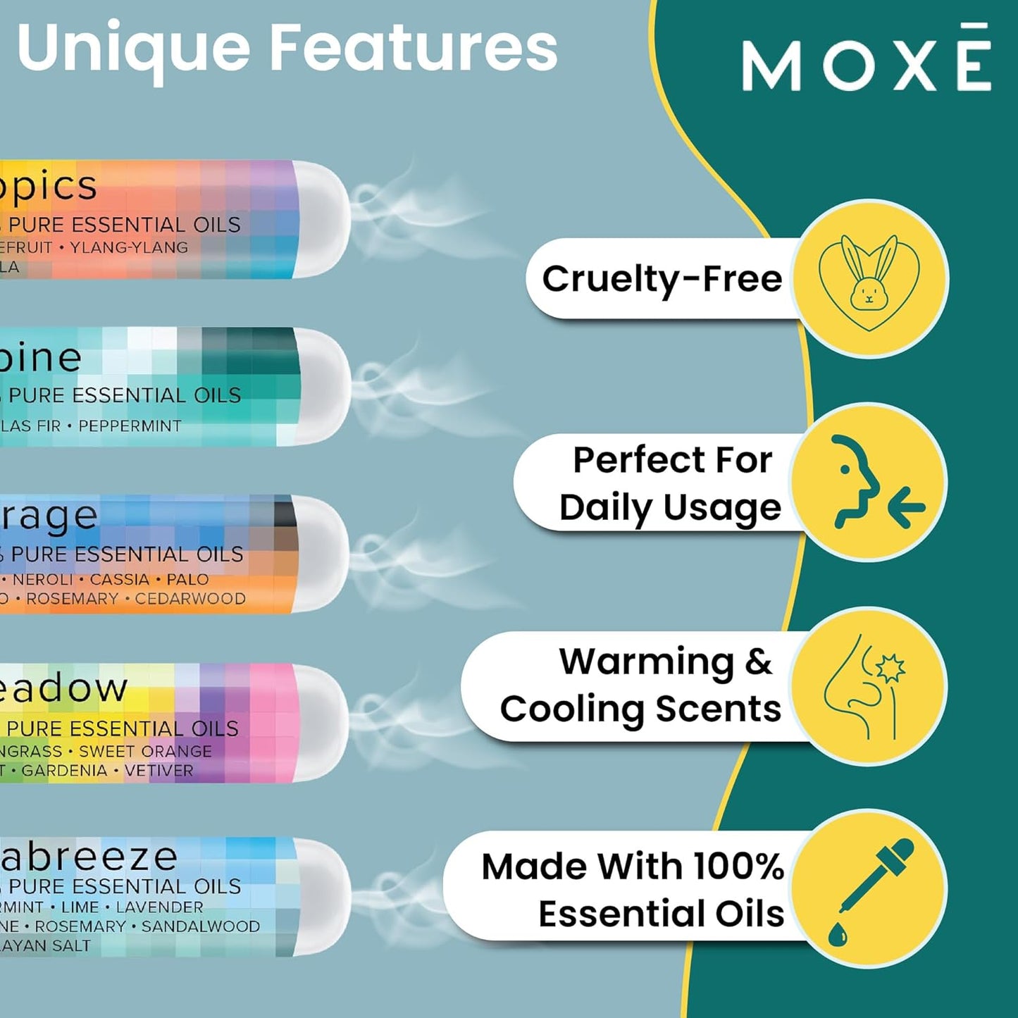 MOXĒ Nature Gift Bundle Nasal Sticks | 5 Aromatherapy Inhalers with 100% Pure Essential Oil Blends | Warming & Cooling Scents of The Natural World, Made in USA