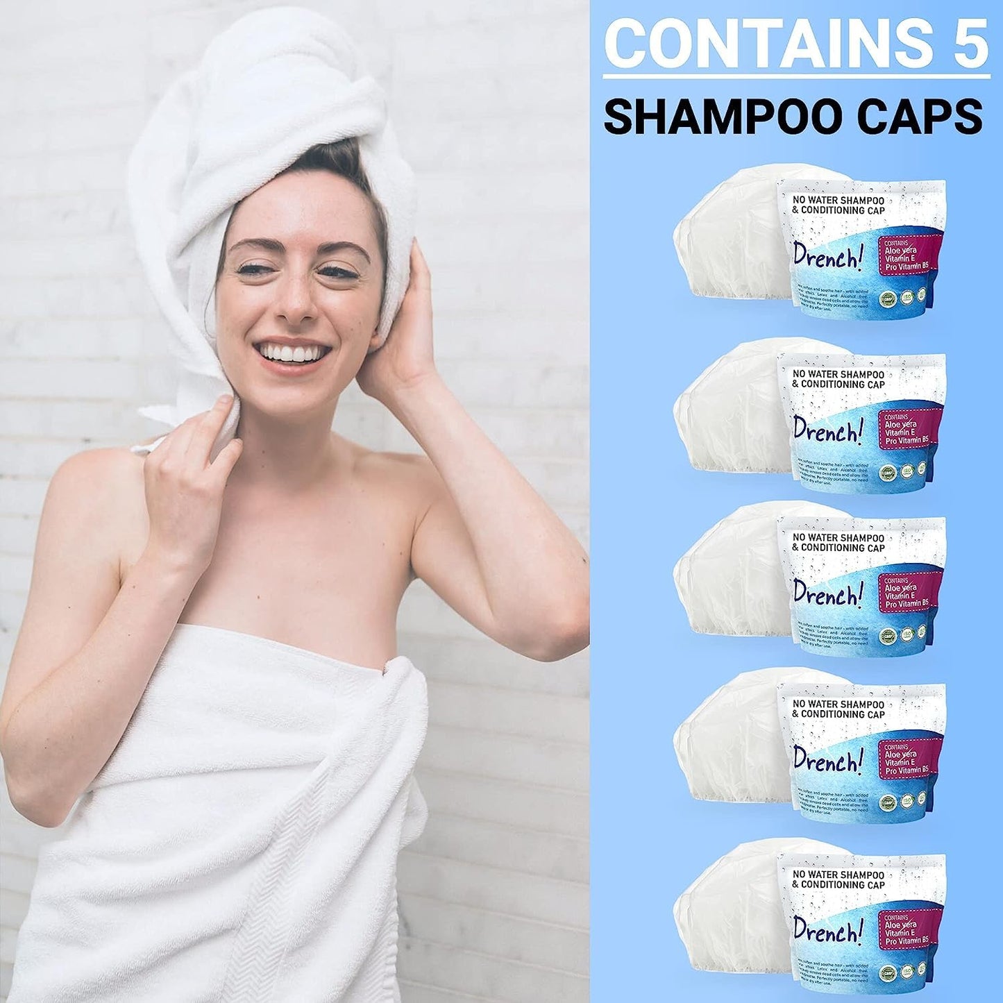 Drench No Water Hair Washing Cap - Waterless Shower Caps with Shampoo and Conditioner - Disposable Rinse Free Wash Aids - Ideal for Elderly and Disabled - Pack of 24