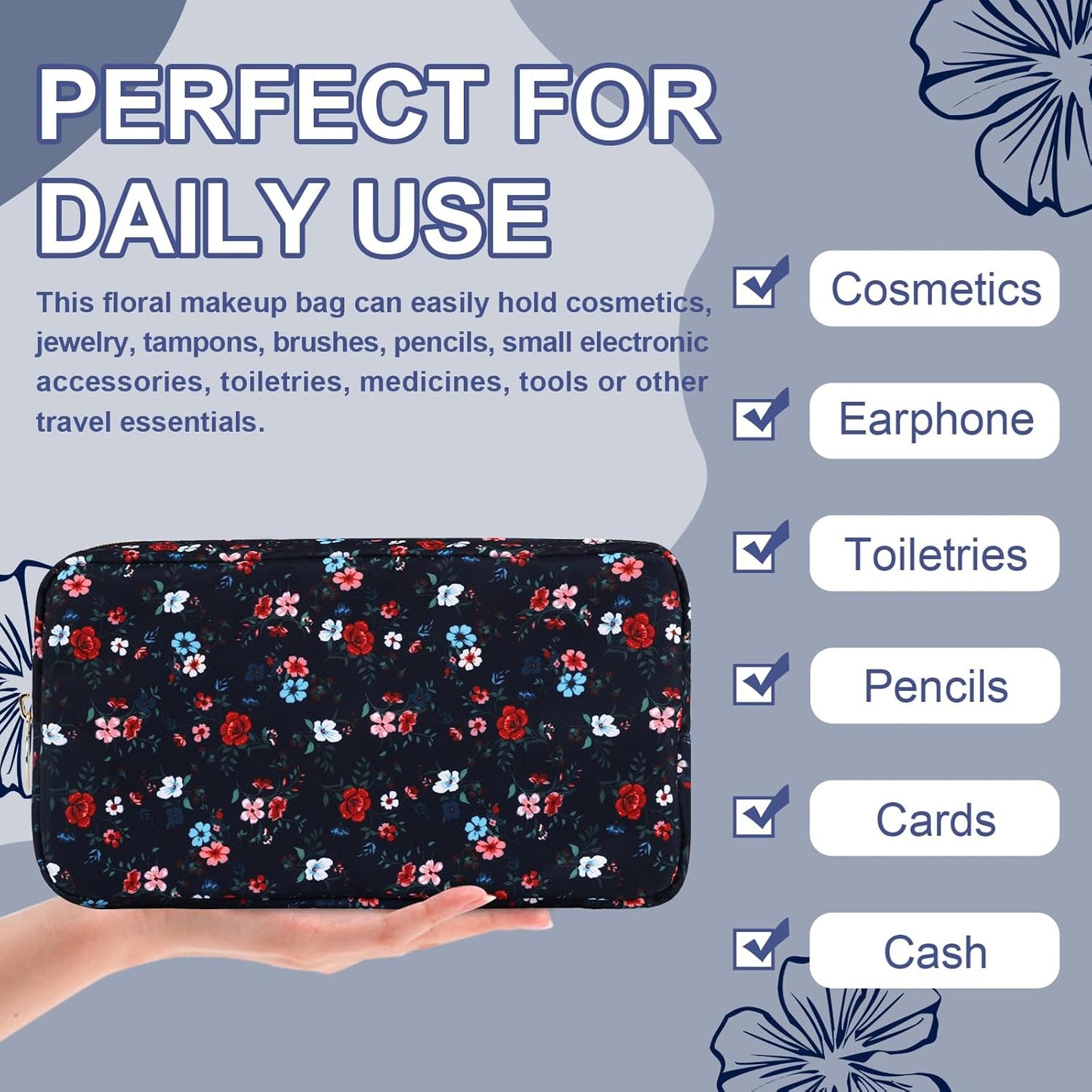 Waterproof Small Floral Makeup Bag Pouch for Purse,Nylon Flower Cosmetic Bag Preppy Travel Toiletry Storage Bag for Women Girl,Cute Makeup Organizer Bag Skincare Bag with Zipper(Small Black-Flowers)