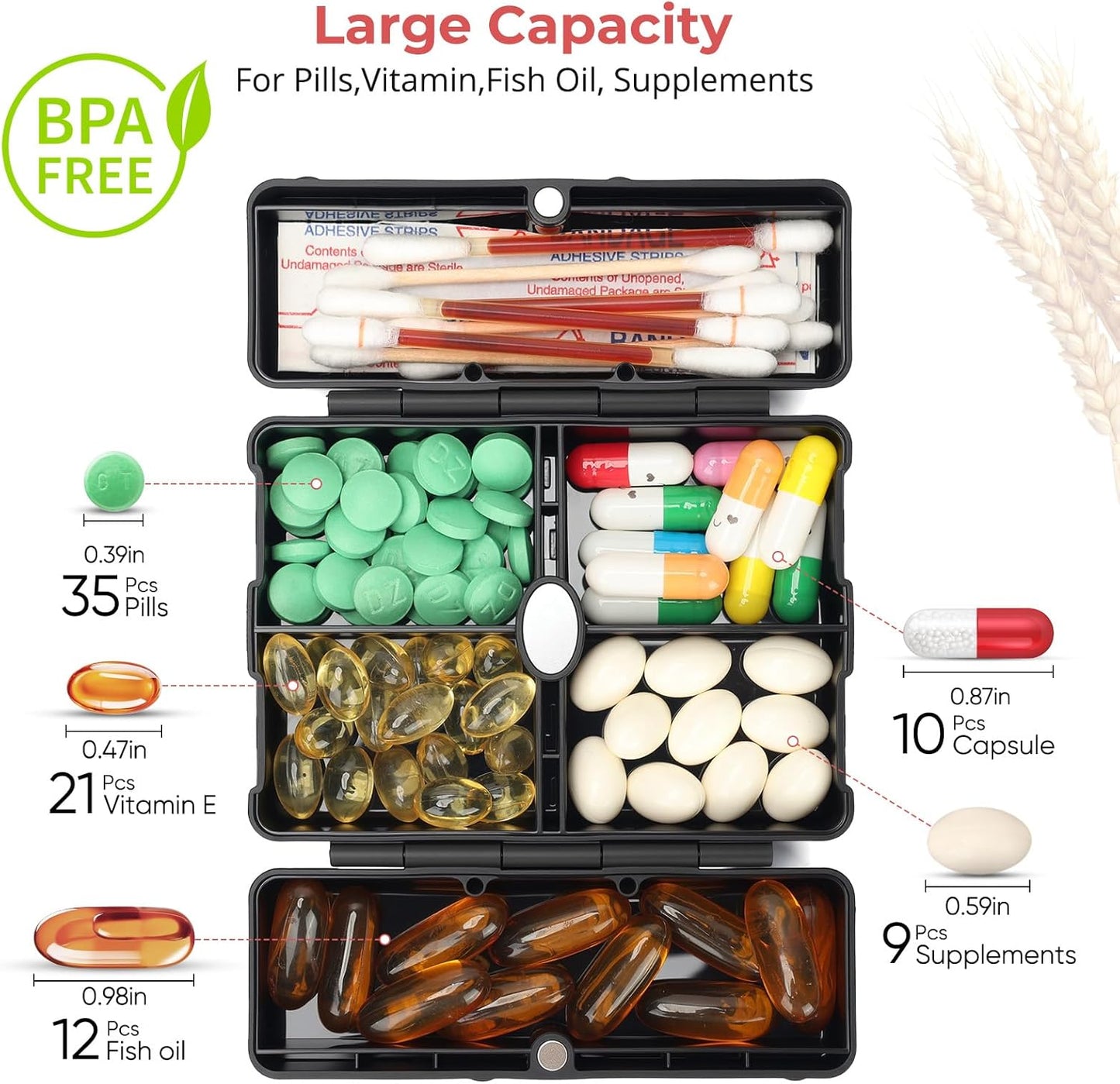 Zentiky Small Daily Pill Organizer with Labels, Medicine Pill Organizer Fit with Your Purse or Pocket for Travel to Hold Vitamin, Fish Oil, Supplement,Cotton Swabs, Bandages or Jewelry-Black