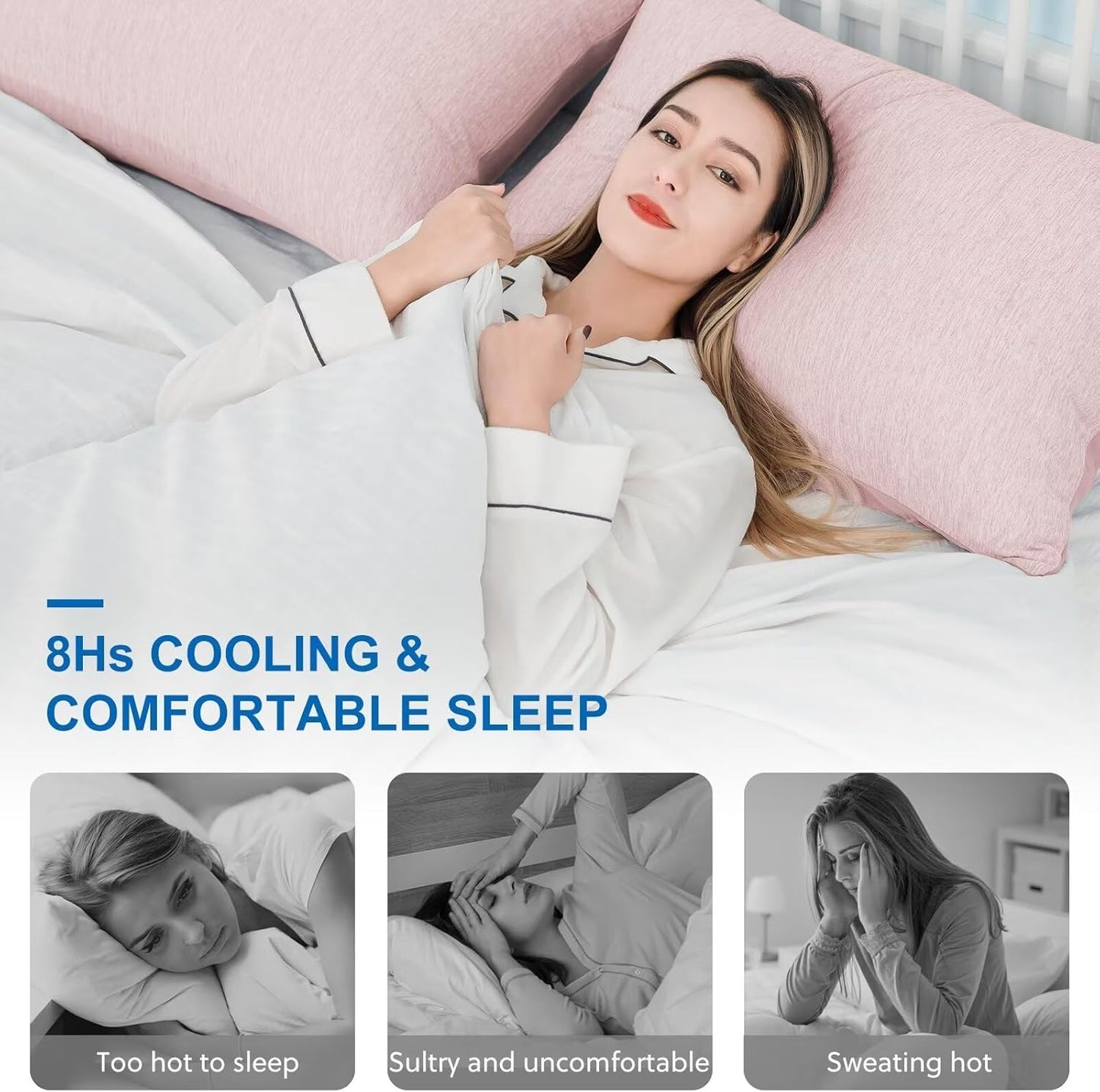 HOMFINE Cooling Pillowcases King Size - Double Side Q-Max 0.439 Cooling Fiber for Pillow Protector, Breathable Cold Pillow Cover for Hot Sleeper Night Sweat, Hidden Zipper, 2 Pack (20"x36", Pink)