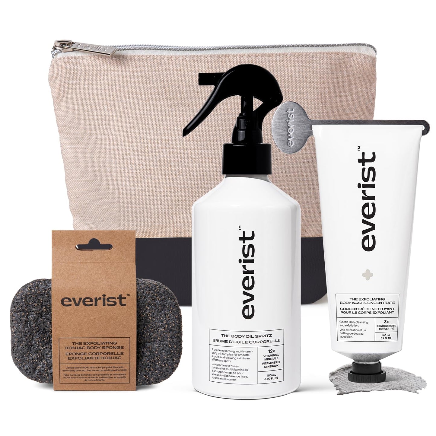 Everist The Exfoliating Body Ritual Set, 3.4 fl. oz Exfoliating Body Wash Concentrate, 6.09 fl. oz Body Oil Spritz & Konjac Sponge in Jute Travel Bag, Cleansing & Hydrating For All Skin Types