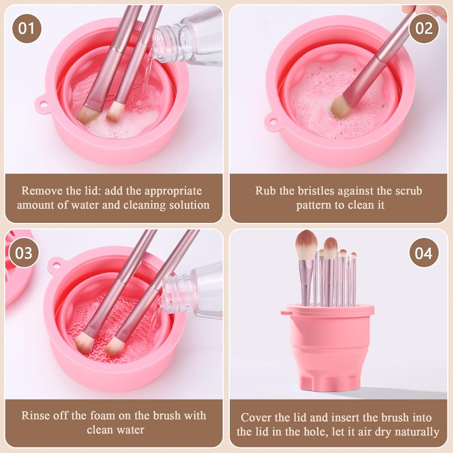 WantGor Makeup Brush Cleaner Mat with Brush Storage Holder, 3 in 1 Foldable Silicone Bowl Cosmetic Brushes Cleaning Pads Tool for Makeup Brush, Makeup Sponge, Powder Puff (Pink)