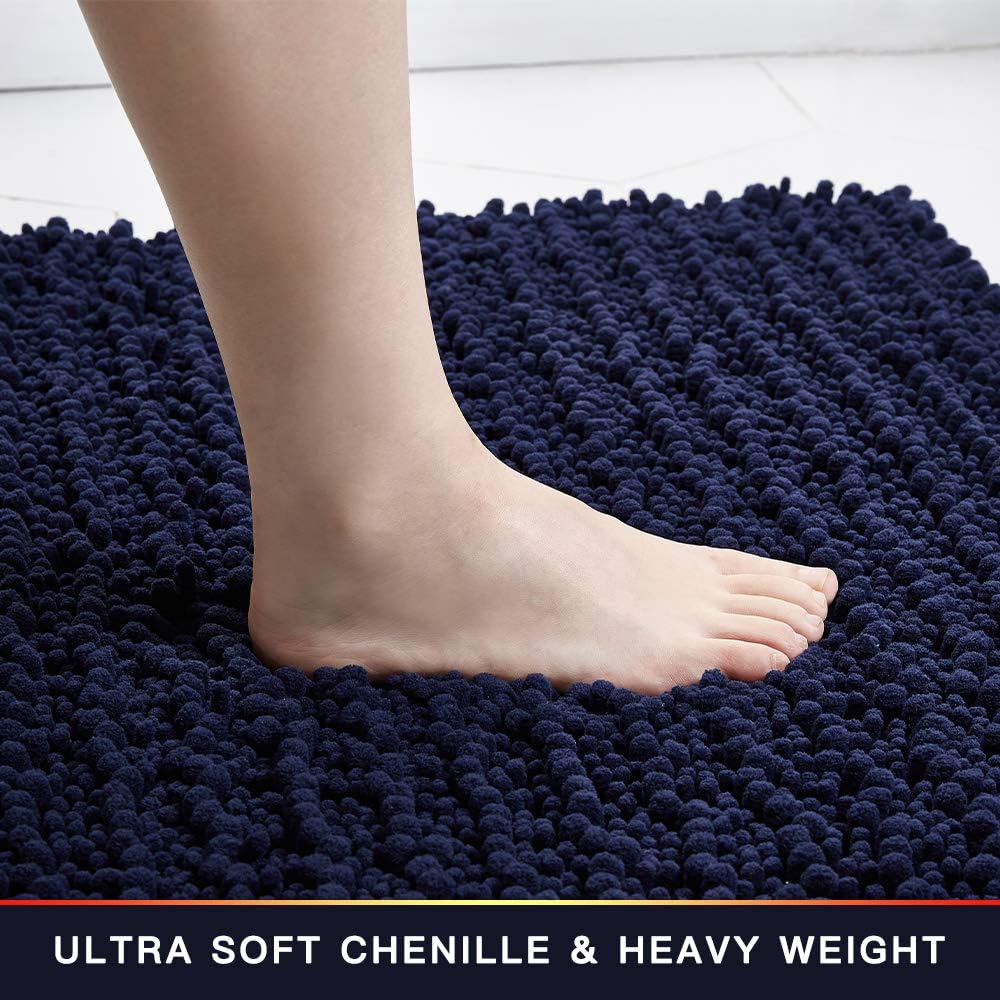 Walensee Large Bathroom Rug Non Slip Bath Mat (24x60 Inch Navy) Water Absorbent Super Soft Shaggy Chenille Machine Washable Dry Extra Thick Perfect Absorbant Best Plush Carpet for Shower Floor