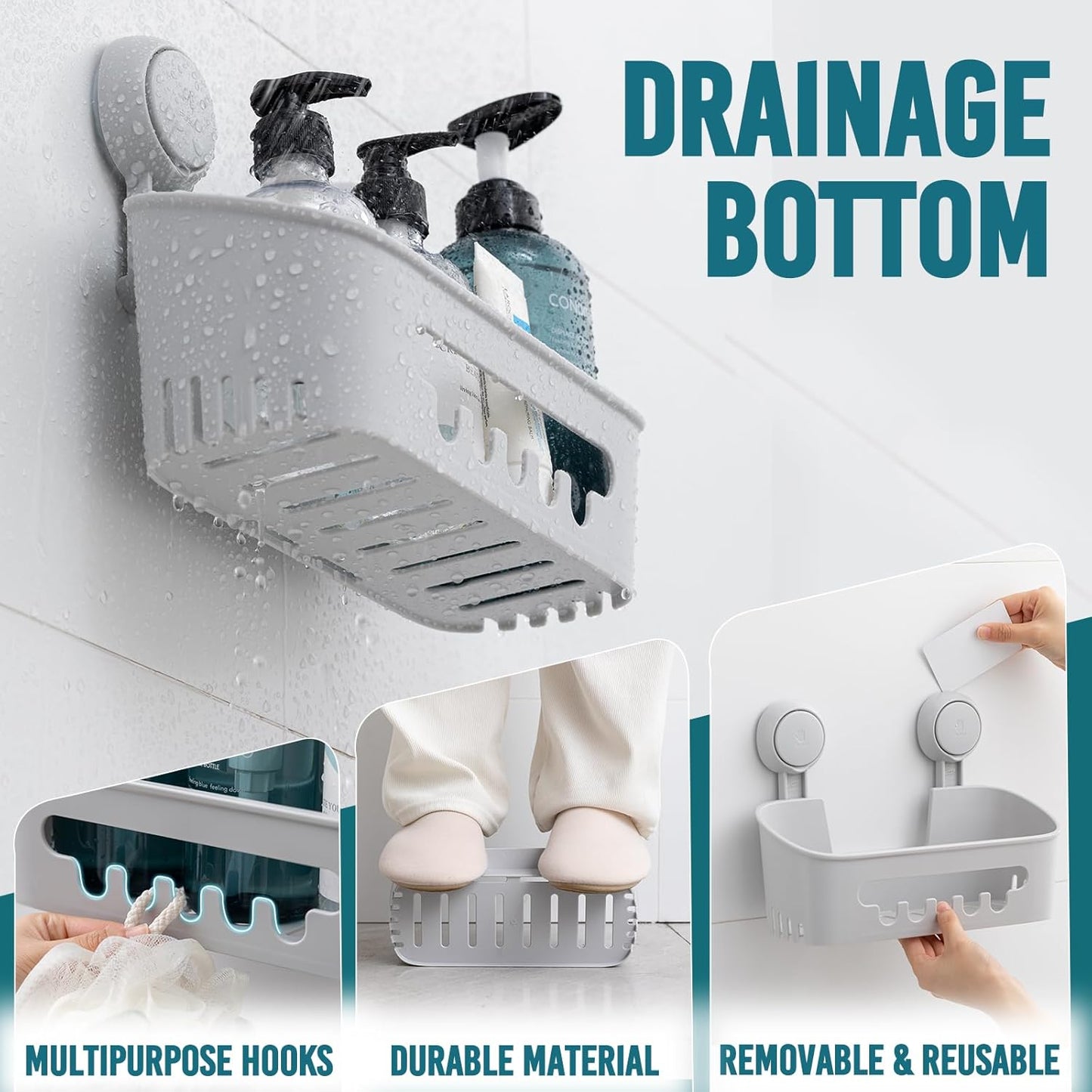 TAILI Shower Caddy Suction Cup, Heavy Duty Bathroom Organizer, Removable Shelves for Inside Shower, Shampoo, Waterproof Suction Plastic Storage for Bathroom Accessories Holder, Gray