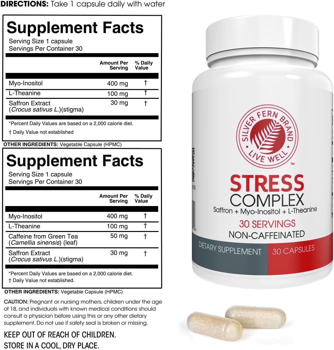 Silver Fern Stress Complex Supplement - Without Caffeine - Sleep, Worry, Mood & More - with Saffron Supplements, L-Theanine Supplement, & Myo-inositol - Natural Stress Relief Supplement (Pack of 1)