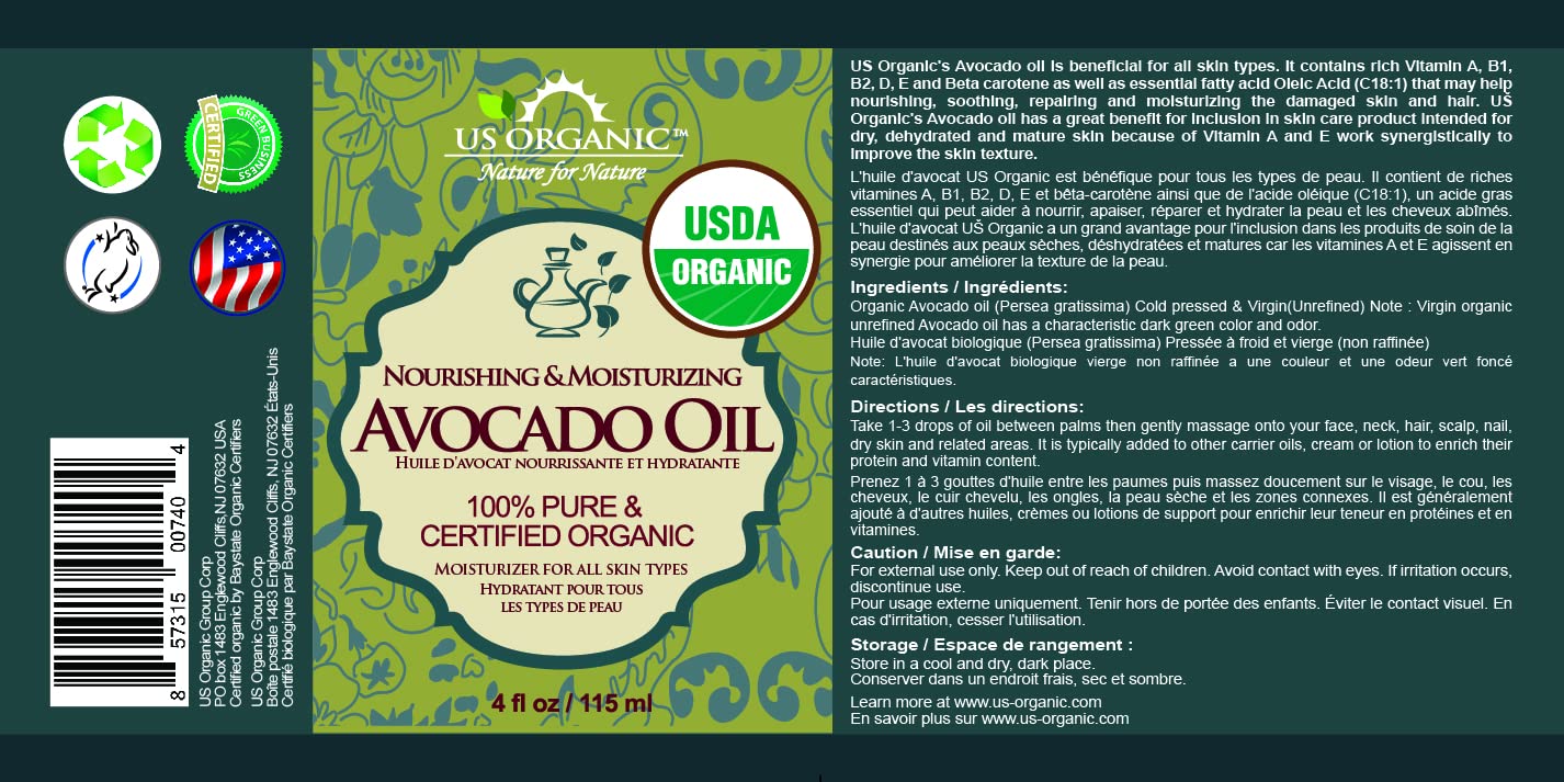 US Organic Avocado Oil Unrefined Virgin, USDA Certified Organic, 100% Pure & Natural, Cold Pressed, in Amber Glass Bottle w/Glass Eye dropper for Easy Application (4 oz (Large))