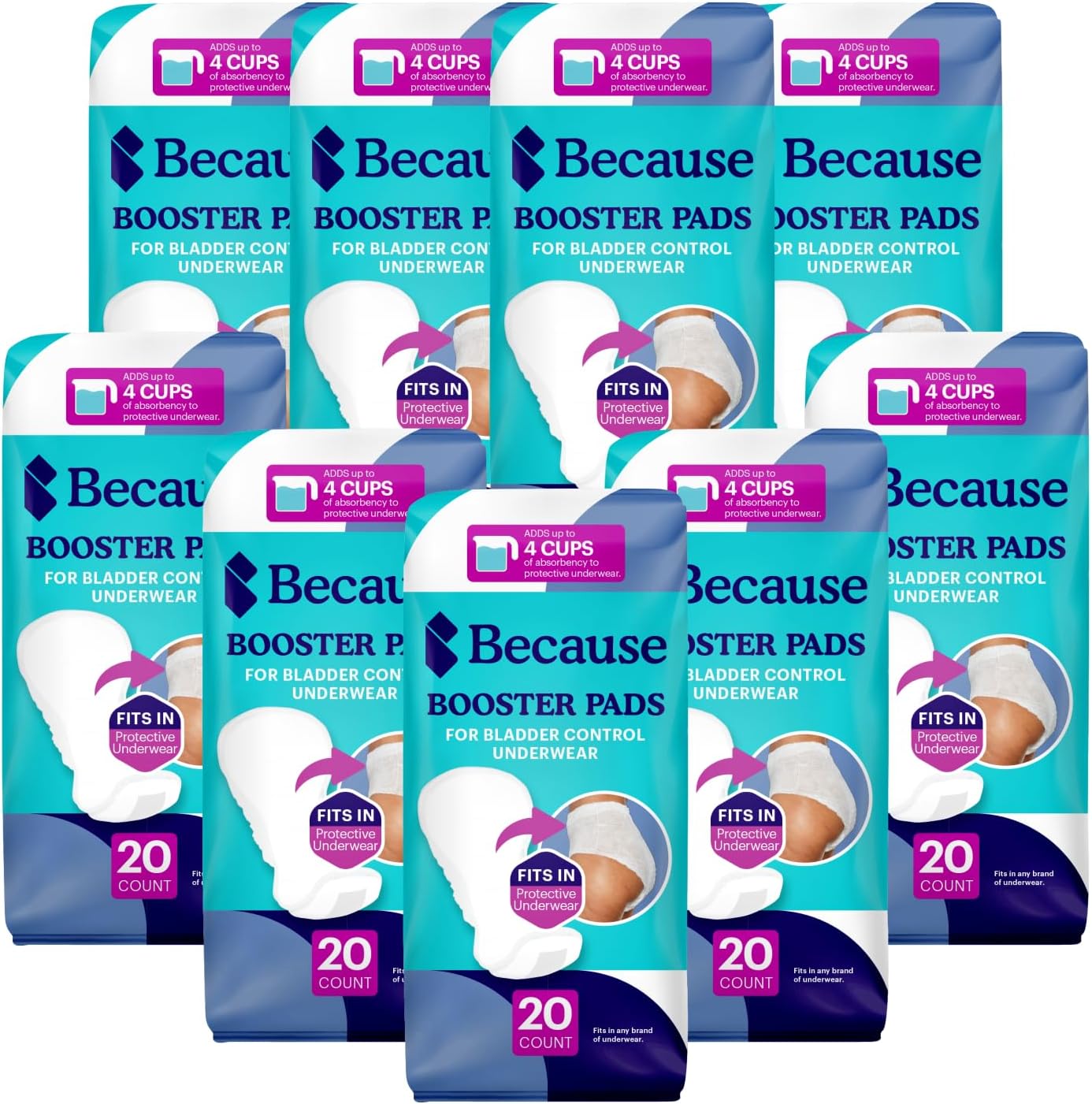 Because Overnight Incontinence Booster Pads for Men and Women, Adds 4 Cups Extra Absorbency to Adult Diapers, Super Soft, Adhesive Strip Backing, Unisex, 180 Count (9 Packs of 20) (Packaging May Vary)