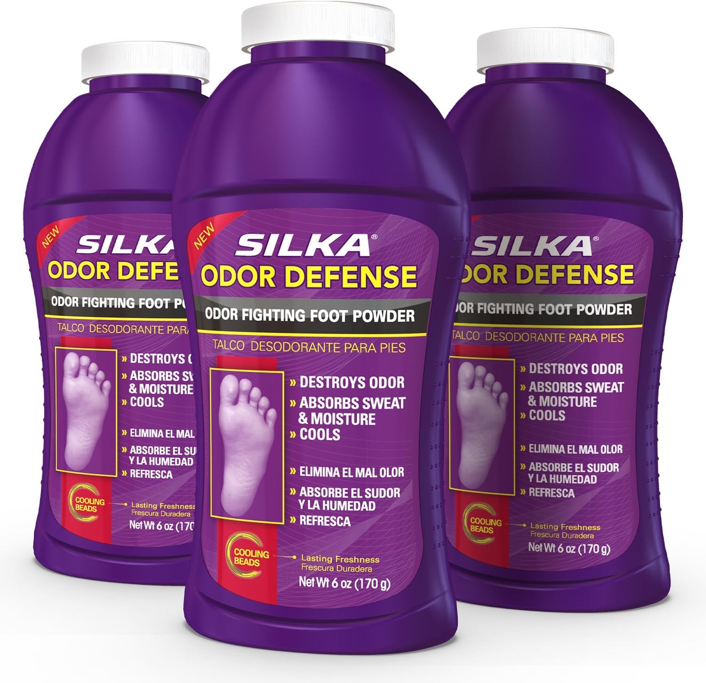 SILKA Odor Fighting Foot Powder & Shoe Deodorizer with Corn Starch Powder, Talc & Cooling Beads for Lasting Freshness, Absorbs Sweat & Excess Moisture, 6 Oz (PACK OF 3)