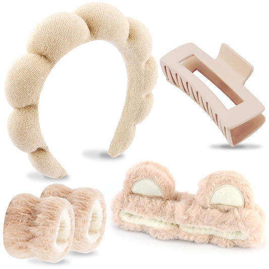 VELSCRUN Spa Headband, Makeup Face Wash Skincare Headbands, 5 Pcs Sponge Get Ready Bear Ears Hairband Facial Wristband Hair Clip Set, Stuff for Teen Girls Women Trendy Fashion Hair Accessories Brown