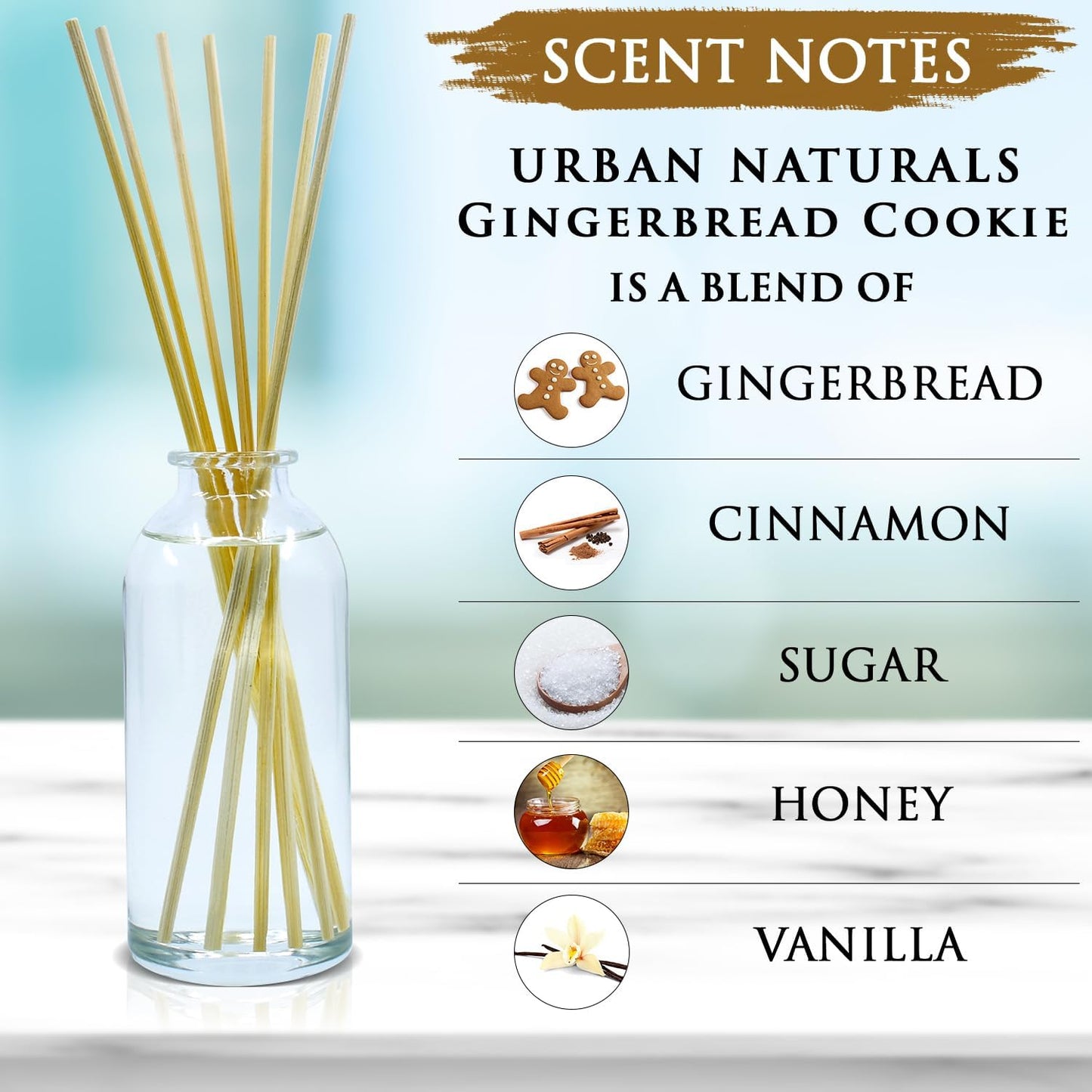 Urban Naturals Gingerbread Cookie Reed Diffuser Set - Warm Vanilla, Nutmeg, Cinnamon & Ginger - Made in The USA