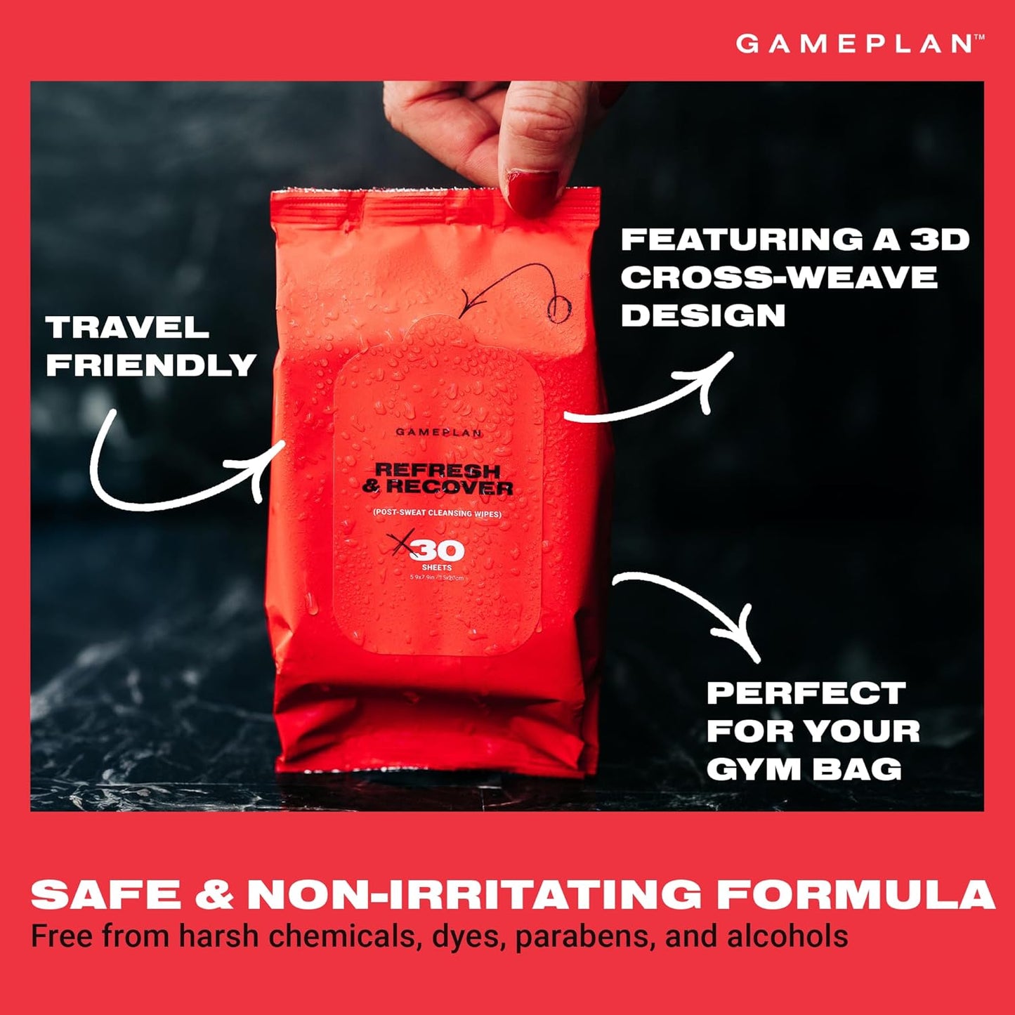 GamePlan Post-Sweat/Workout Sport Face & Body Wipes, Removes Sweat, Dirt, Oil, and Eyeblack, Durable, Biodegradable, Non-Sticky, Cleans and Moisturizes Your Skin - 2 Pack