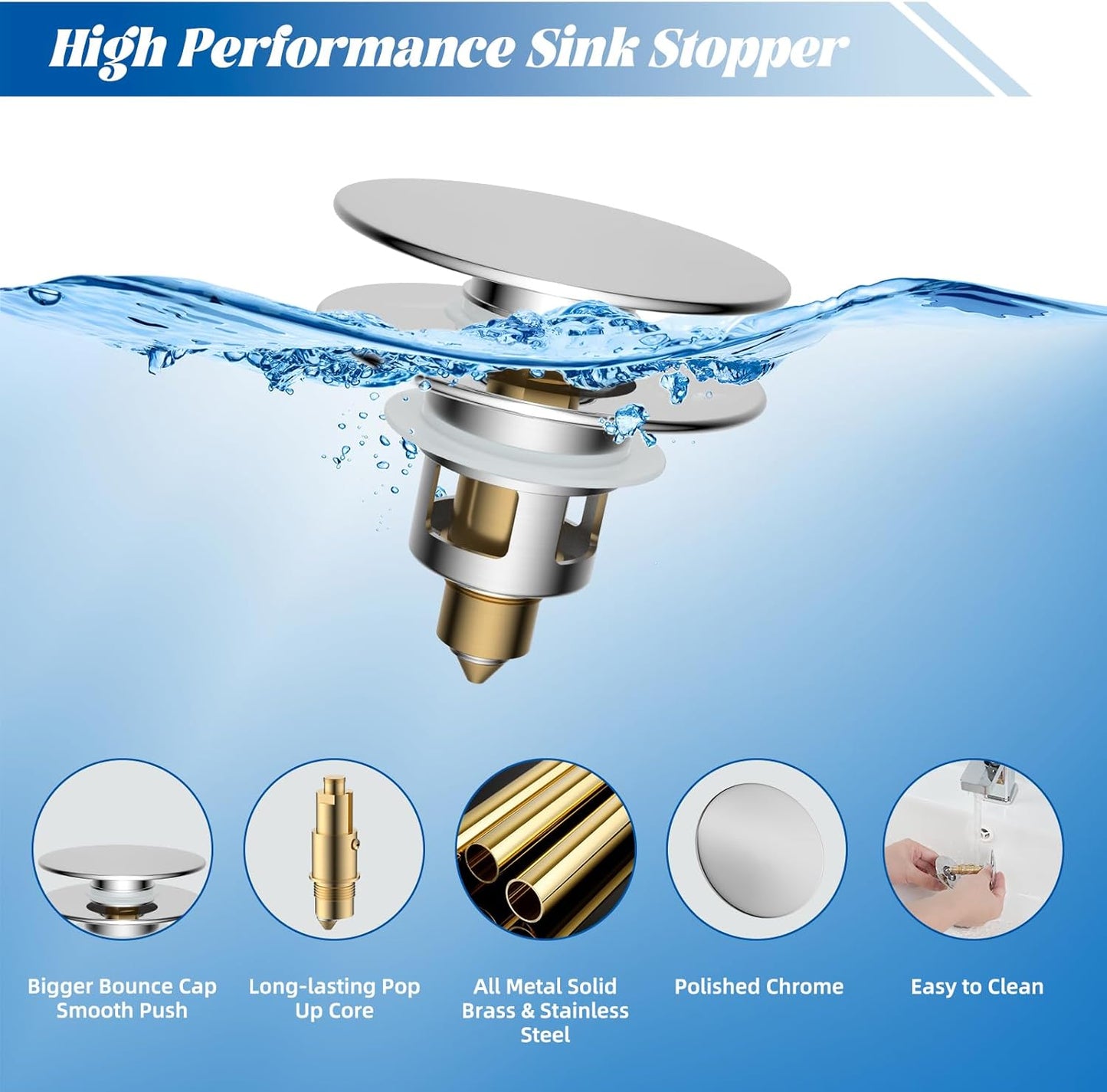 Hibbent 2 Pack All Metal Upgraded Bathroom Sink Stopper, Universal Pop Up Sink Drain Strainer, Brass Bullet Core Push Type Sink Stopper for 1.1''~2.3''' Basin, Anti Clogging Drain Filter, Chrome