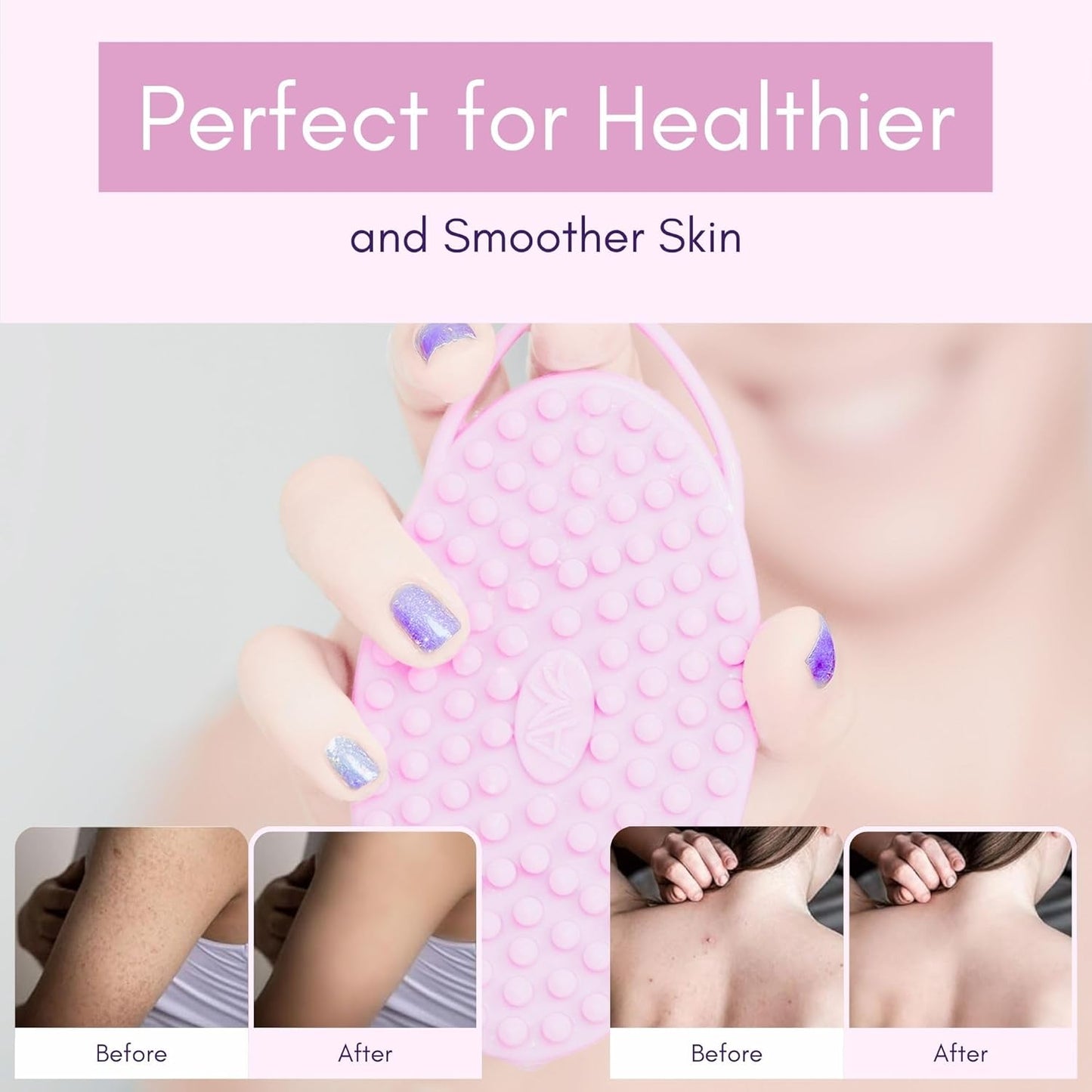 Avilana Silicone Body Scrubber - Food Grade & Lab Tested, Gentle Exfoliating Shower Brush for All Skin Types, Hygienic Quick-Dry Loofah Alternative (Pink, Massage-Silver)