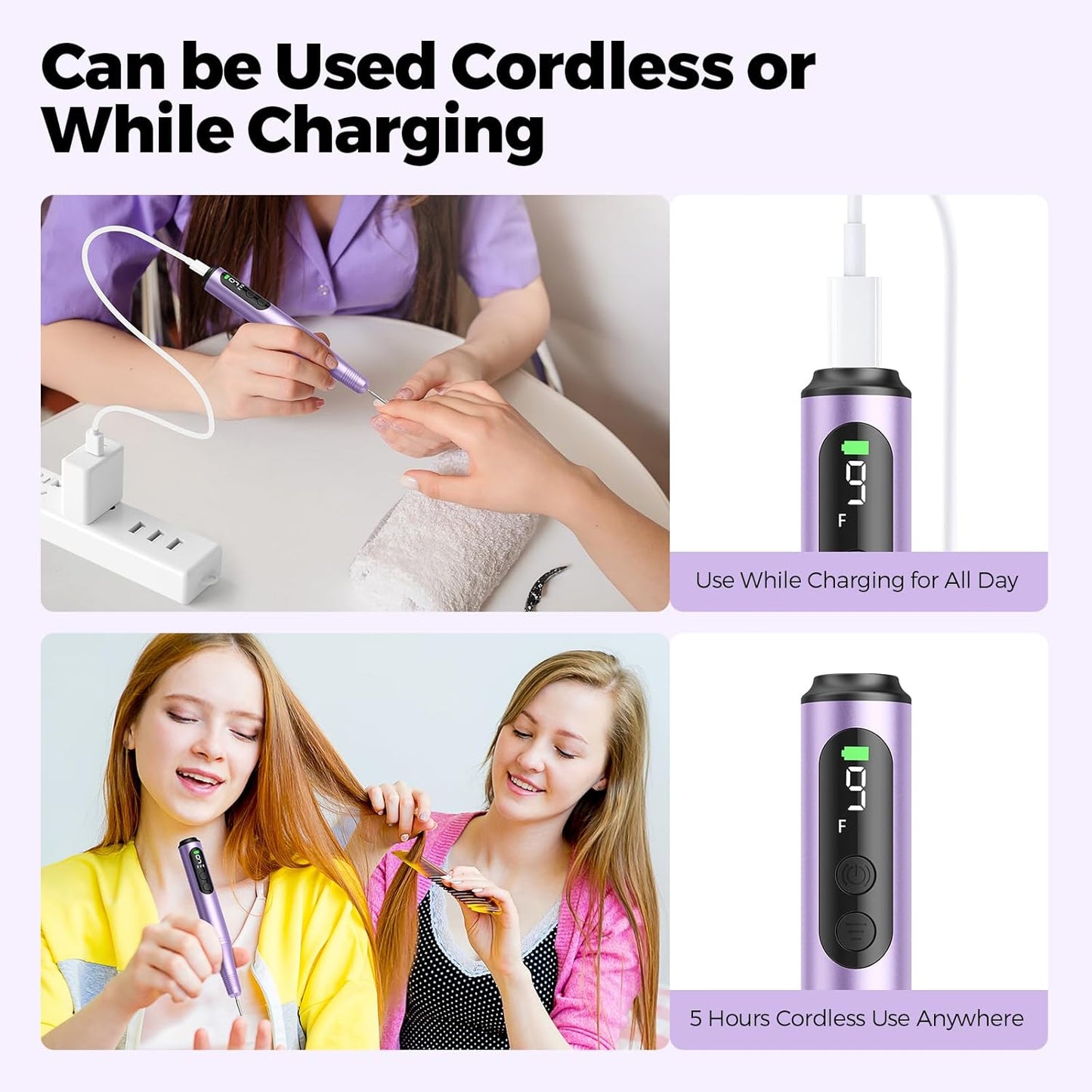 Cordless Electric Nail Drill File Kit Professional Portable Electric Nail File Set Machine for Acrylic Gel Nails,Toenail Hand Feet Care,9 Speed with LED Display Ideal Gift for Men and Women-Purple