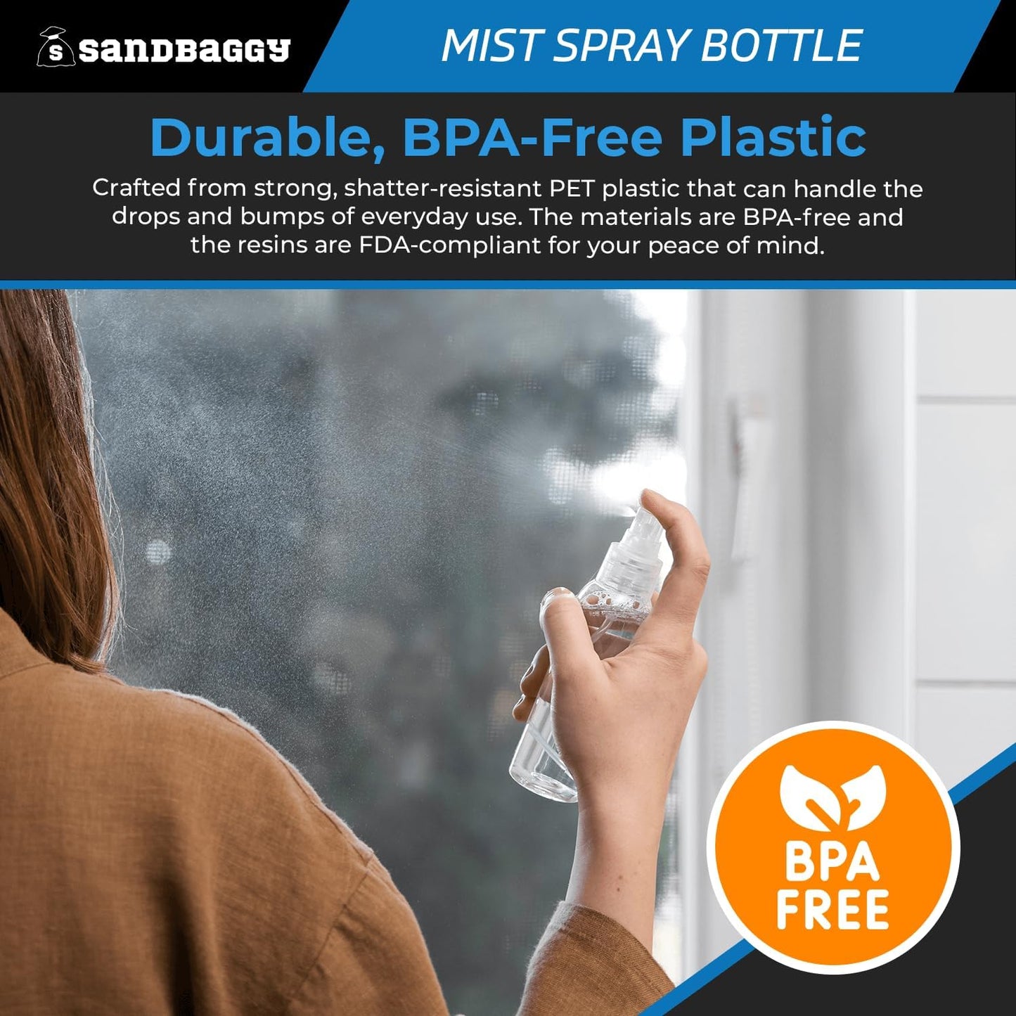 Sandbaggy 2 oz Plastic Spray Bottle | Fine Mist Sprayer | Clear, Transparent, Cylinder Shape | BPA Free (1000)
