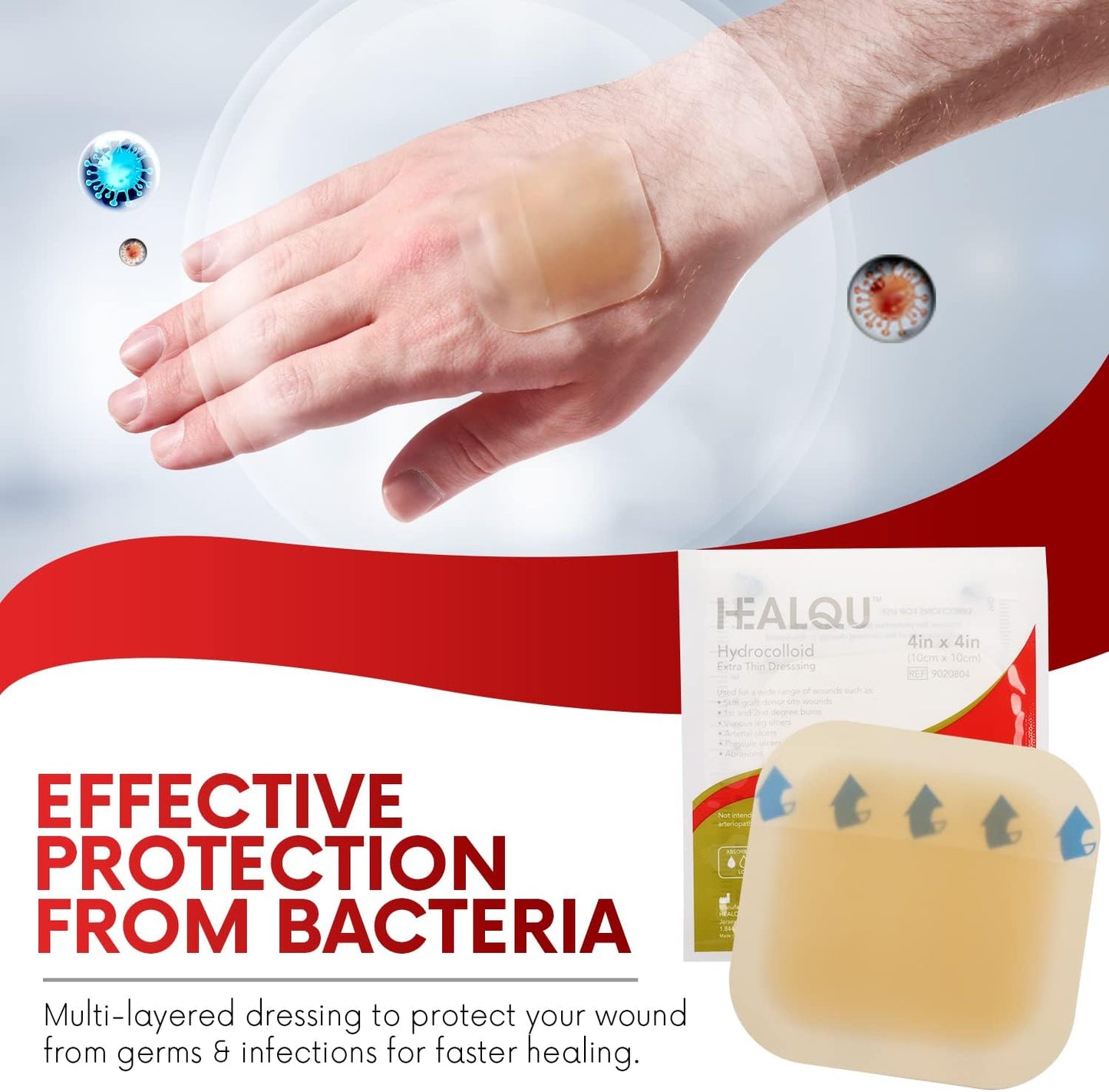 Healqu Hydrocolloid Wound Dressing - 4x4 Thin - Box of 10 Large Bandages - Sterilized Bordered Hydrocolloid Patches for Bed Sores, Abrasions, and More - Waterproof and Absorbent with Protective