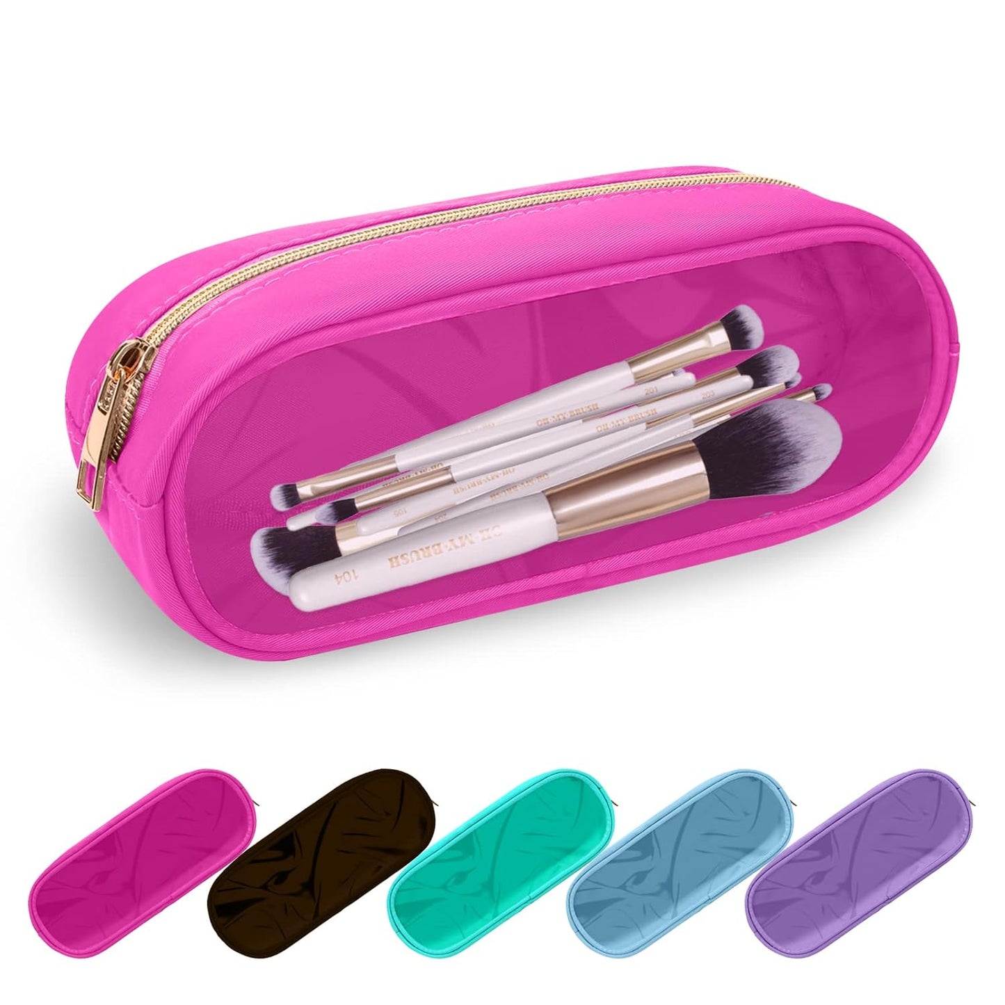 Clear Small Pencil Pouch Makeup Bag for Purse,Nylon&PVC Pencil Case Waterproof Makeup Brush Holder with Zipper,Preppy Transparent Pen Bag Travel Cosmetic Bag for Women Office(Slim-Hot Pink)