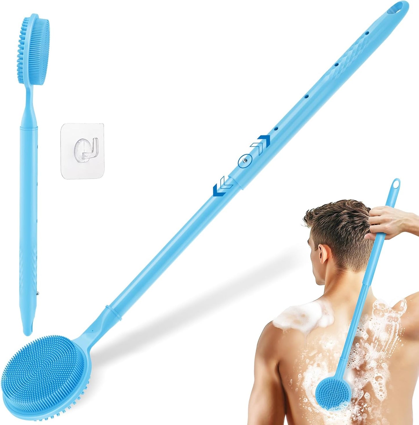 Adjustable Silicone Back Scrubber for Shower, 16''- 24'' Extendable Shower Back Scrubber for Rich Foam, 5-Length Back Brush Bath Brush with Dual-Side Head and Super-Lathering Bristles(Blue)