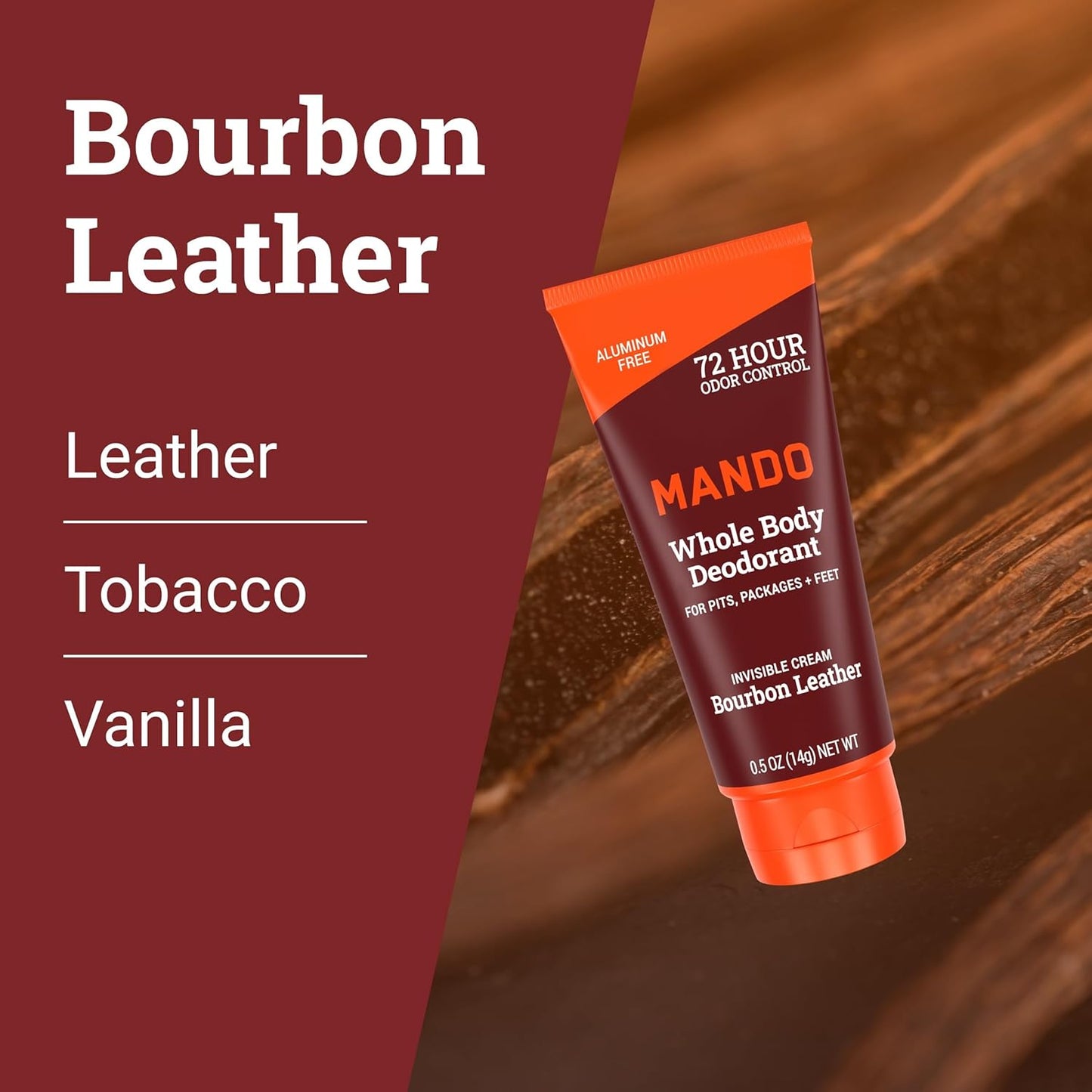 Mando Whole Body Deodorant - Mini Travel Size Invisible Cream Tube - 72 Hour Odor Control - Aluminum and Baking Soda Free, Skin Safe - .5 oz (Pack of 2) (Bourbon Leather)