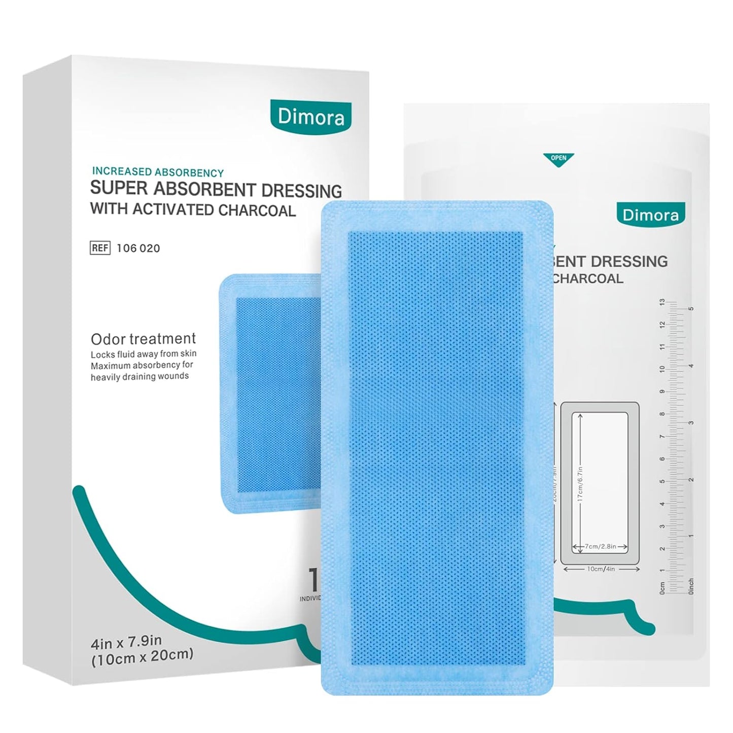 Dimora Upgrade Super Absorbent Dressing with Activated Charcoal, Superior Anti-Odor Moisture Absorpting Wound Dressing 4"x8" 10 Packs