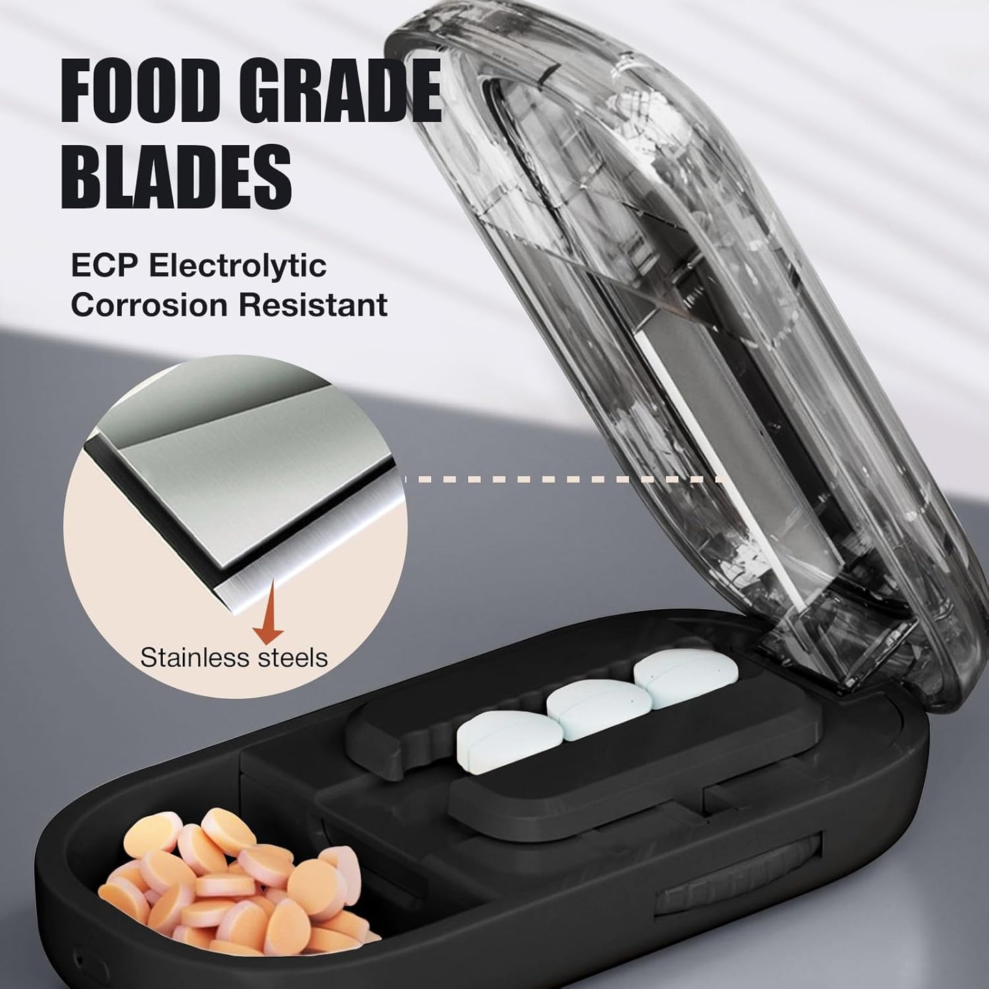 Portable Pill Cutter with Adjustable Slots – Multi Pill Splitter for Small & Large Tablets, Stainless Steel Blade, Clear Cut, Non-Slip Design, Easy to Use for Weekly Medication(Black, 1/2)