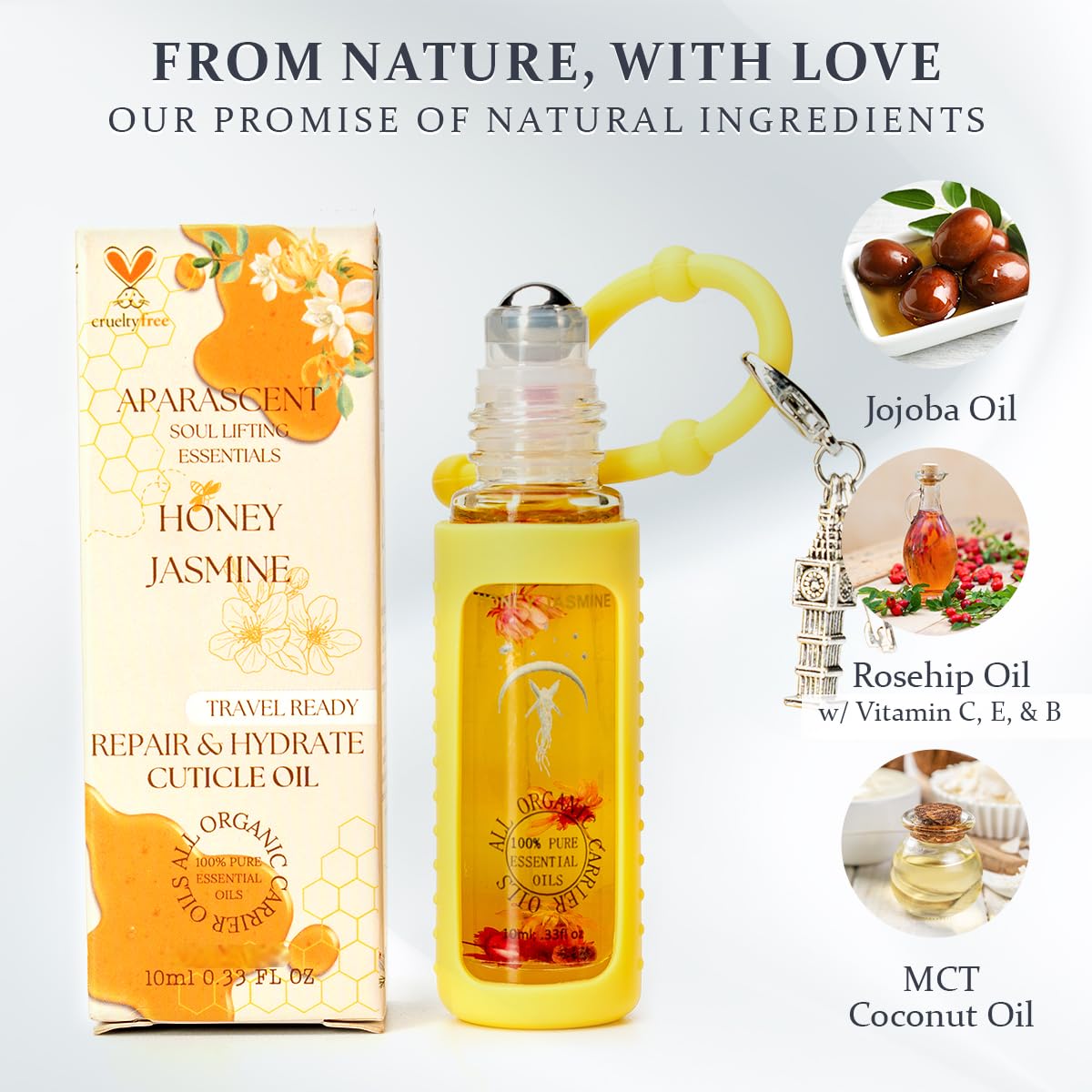 Honey Jasmine Organic Nail Cuticle Oil Pen with Jojoba, Coconut MCT, and Rosehip for Nail Hydration, Growth & Strength, Travel Size Keychain(0.34 Fl Oz)