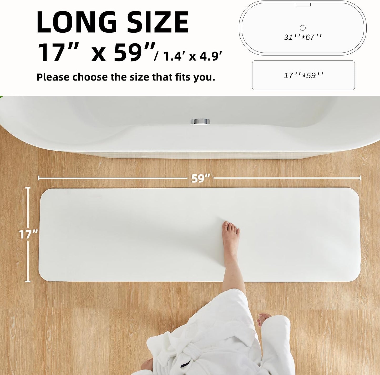 White Bath Mat, Bathroom Rugs Non Slip Washable Thin Absorbent Quick Dry Bath Mat Fits Under Door Bathroom Floor Mat Perfect for Bath, Shower, or Sink 17"x59" White