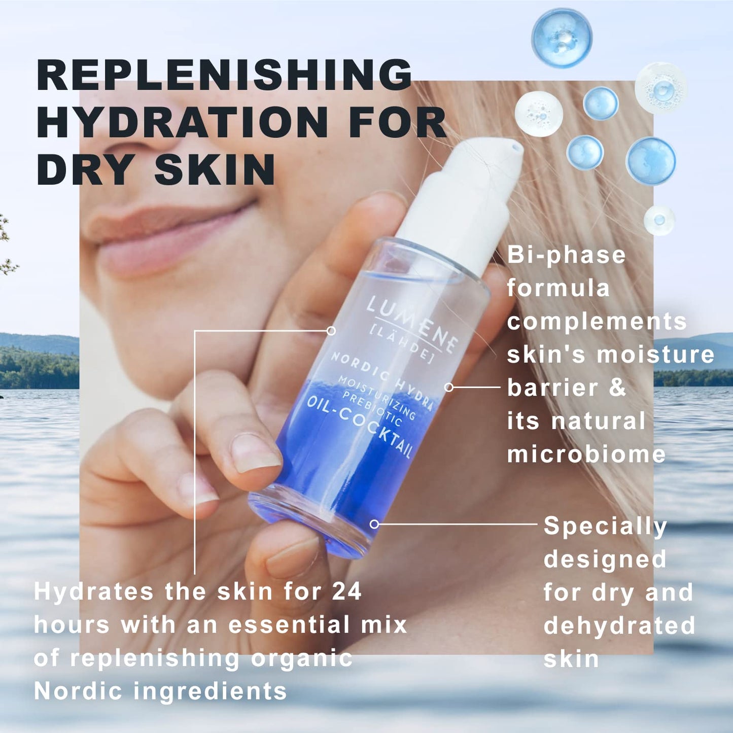 Lumene Nordic Hydra Moisturizing Prebiotic Oil-Cocktail - Nurturing Bi-Phase Face Oil for Dehydrated Skin & Skin Barrier Repair - Essential Nordic Mix & Hydrating Oil for Dry Skin (30ml)