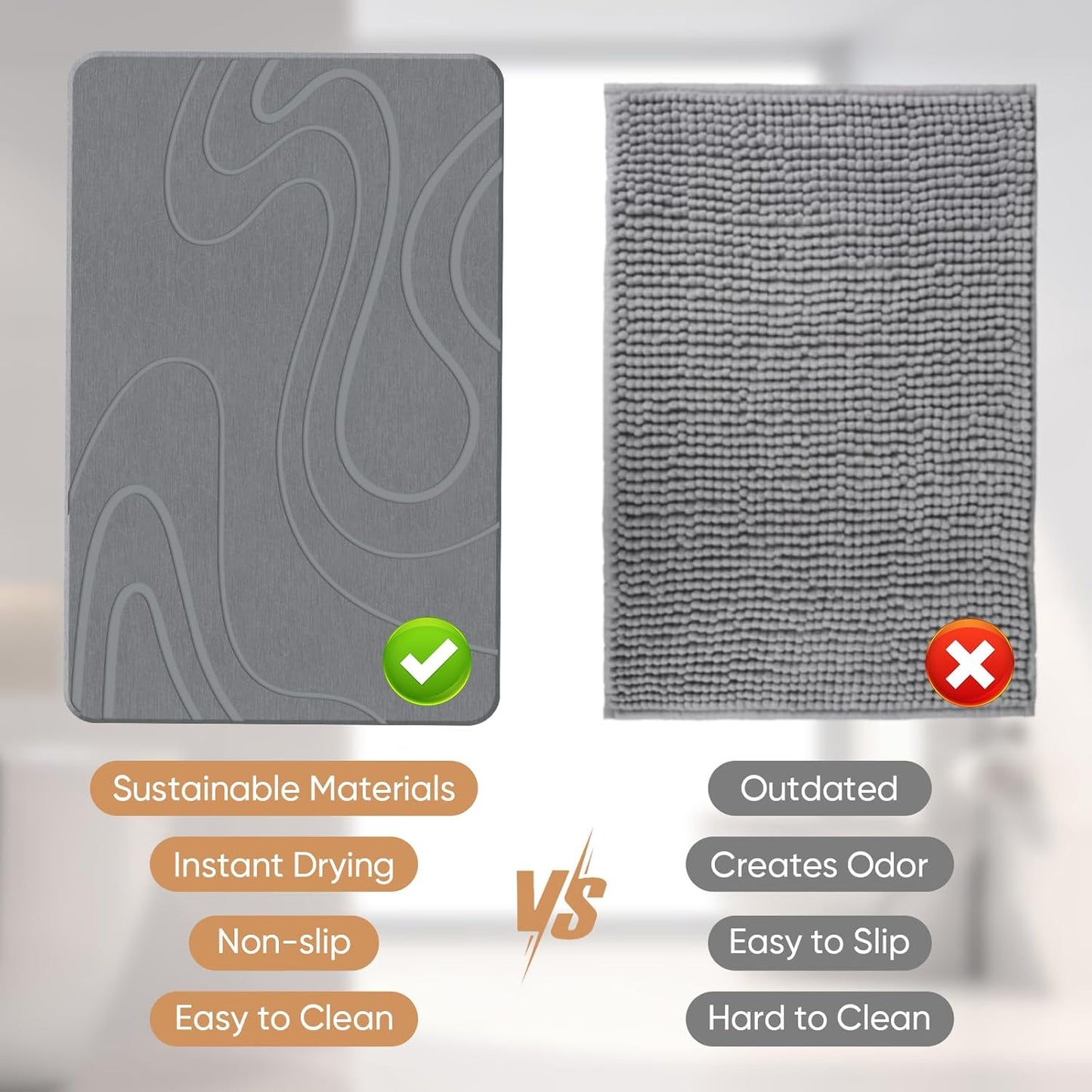 Stone Bath Mat Diatomite Stone Mats for Bathroom Non-Slip Diatomaceous Earth Shower Mat Super Absorbent Bathroom Floor Mat Natural Easy to Clean(24 * 16 Grey)