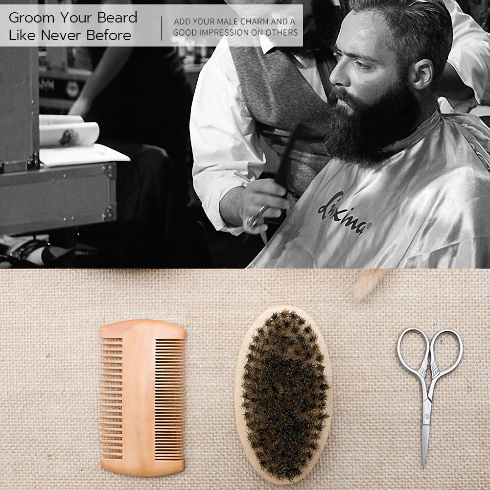 Hair Dough Beard Brush & Comb, Scissors Set for Men, Set Includes Soft Boar Bristle Brush, Bamboo Wide Tooth Comb, and Mustache Trimming Scissors, Straighten & Soften Your Beard