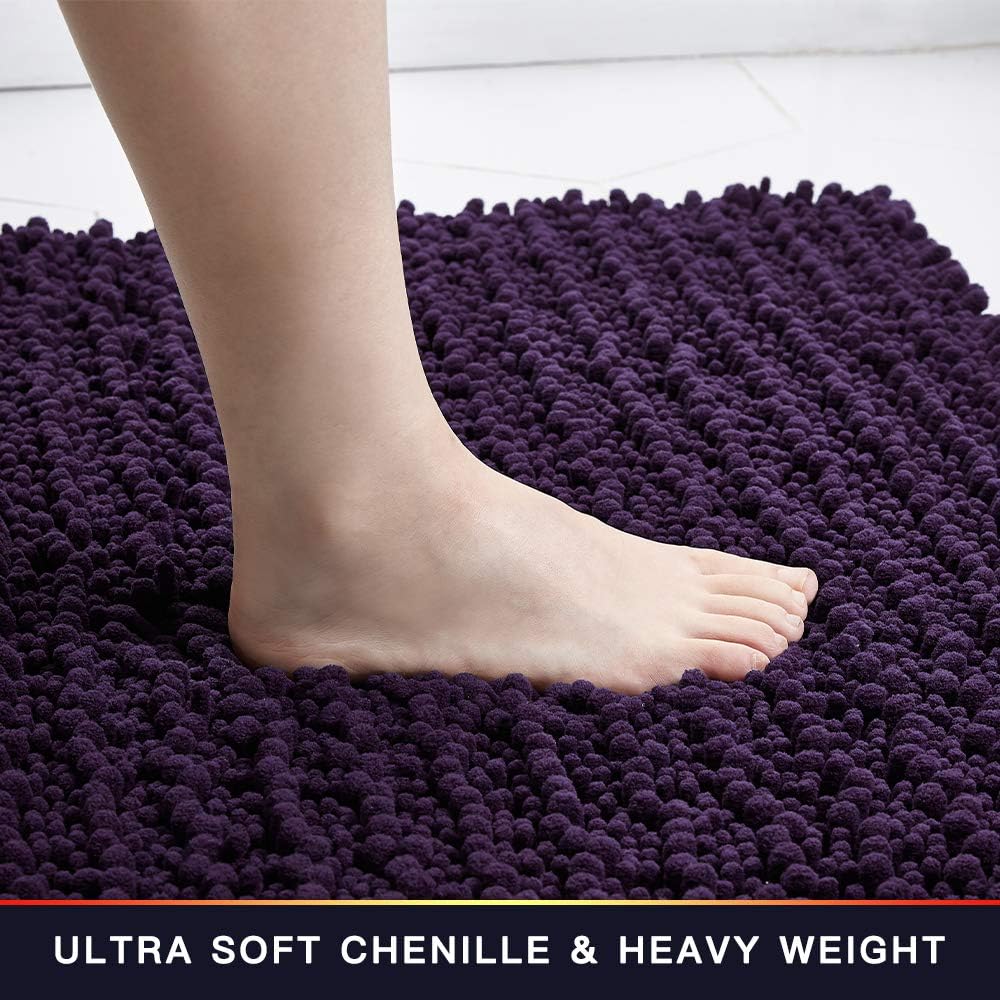 Walensee Bathroom Rug 2 Pieces Set Non Slip Bath Mat (20"x32" Plus 20"x32" Dark Purple) Water Absorbent Super Soft Shaggy Chenille Machine Washable Dry Extra Thick Perfect Carpet for Shower Floor