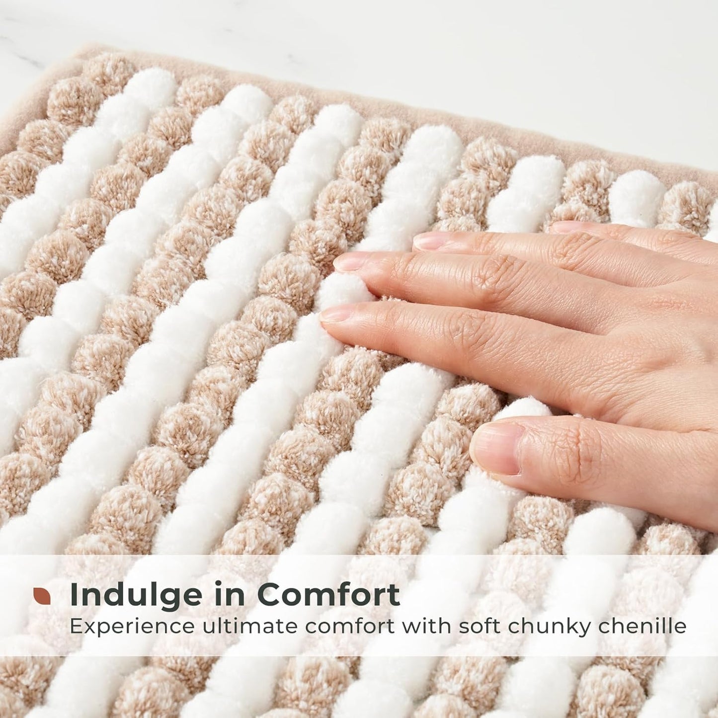 FRESHMINT Chunky Ombre Chenille Bathroom Rug 17"x24", Small Water Absorbent Soft Bath Rugs for Bathroom Floor, Thick Non Slip Bath Mat Washable Quick Dry Shower Mats, Beige and White