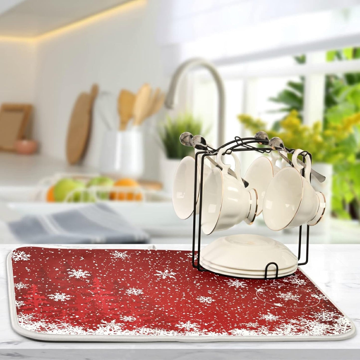 Dish Drying Mat for Kitchen Counter 18 x 16 Inch Romantic Christmas Snowflake on Red Microfiber Dish Mat Drying Pad Absorbent Dishes Pad Dish Drainer Rack Mats
