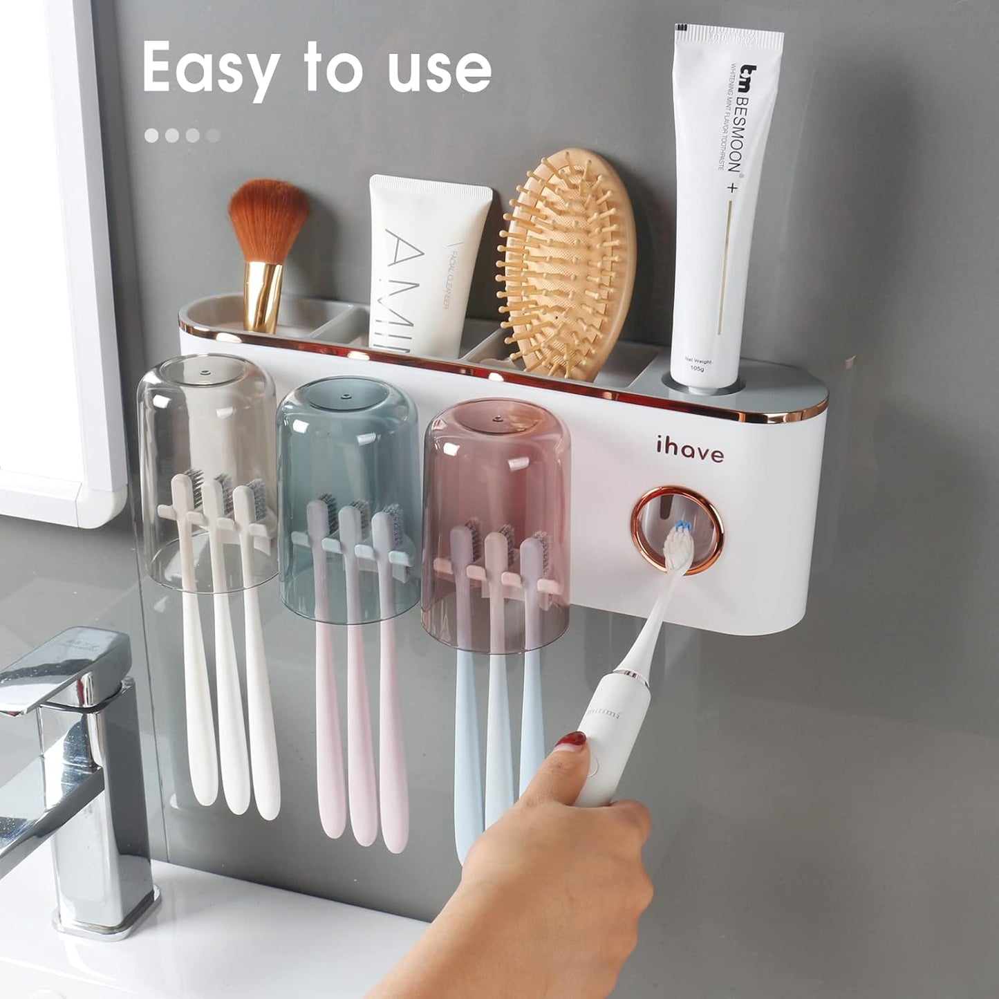 iHave Toothbrush Holders Bathroom Accessories with Toothpaste Dispenser, 3 Cups Toothbrush Holder Wall Mounted Bathroom Decor