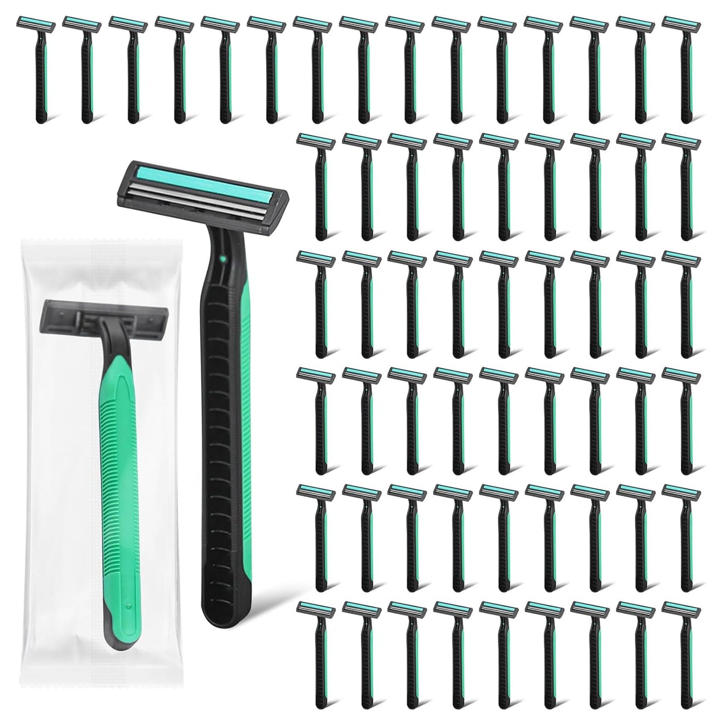Disposable Twin Blade Razors in Bulk, Individually Wrapped - Clear Safety Cap, For Homeless, Hotel, Airbnb, Travel (pack of 50,green)