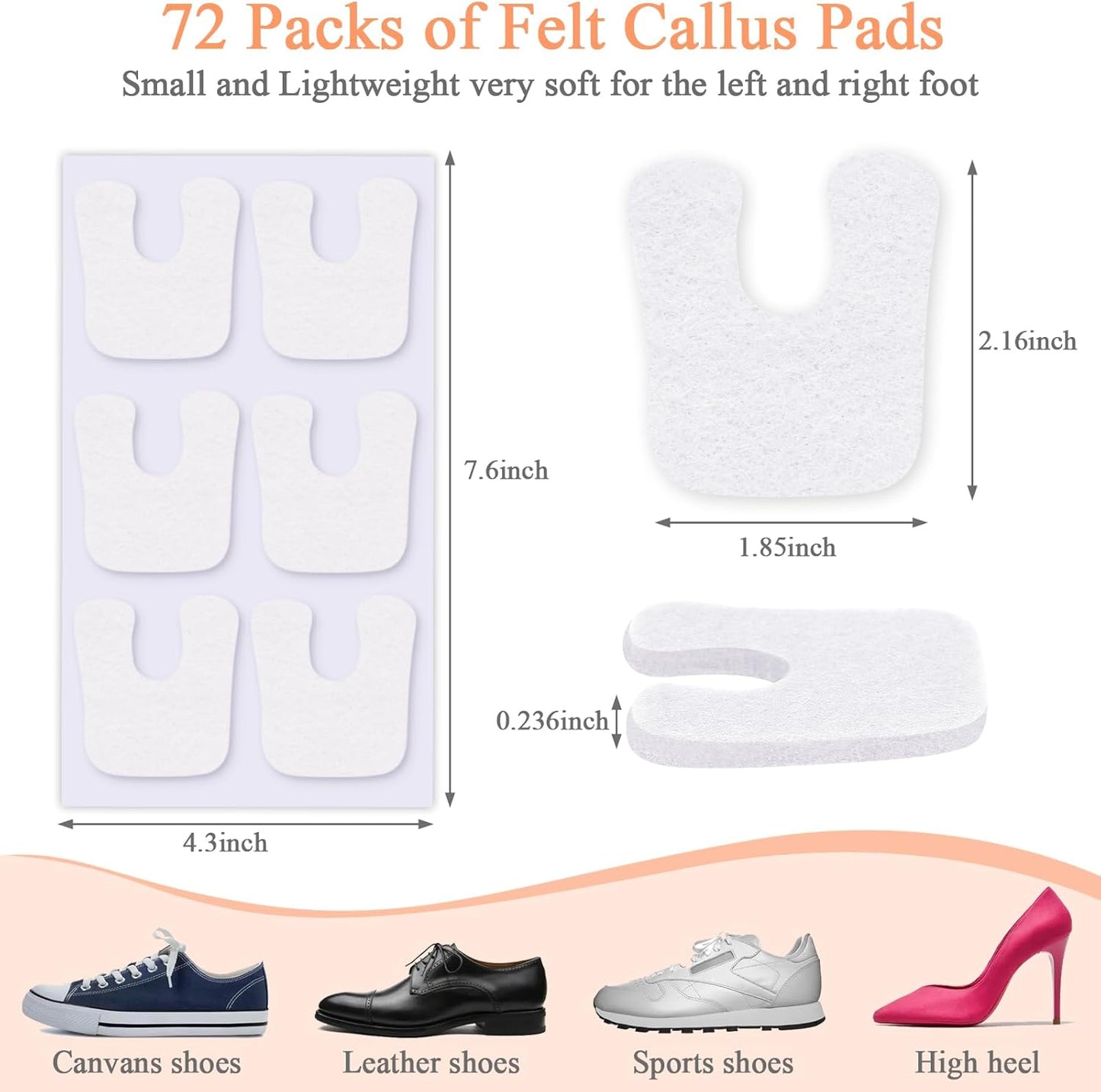 72 Pcs Callus Pads for Feet Soft Felt Callus Cushions for Bottom of Foot U Shape Metatarsal Pads Pain Relief Adhesive Coin Pads Keep Protecting Calluses from Rubbing on Shoes for Women Men Heel Pads