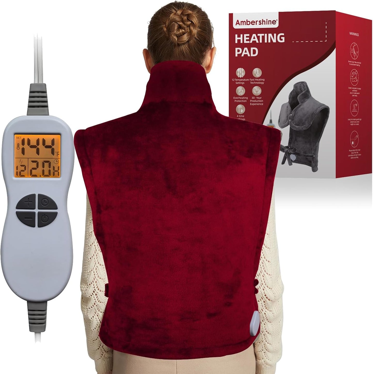 Ambershine 26"x35" XXXL King Size Neck& Shoulder& Back Heating Pad with 12 Temperature Settings& 4 Auto-Off Countdown Timers, Pain Relief for Back/Neck/Shoulder, Christmas Gift for mom dad (Red)