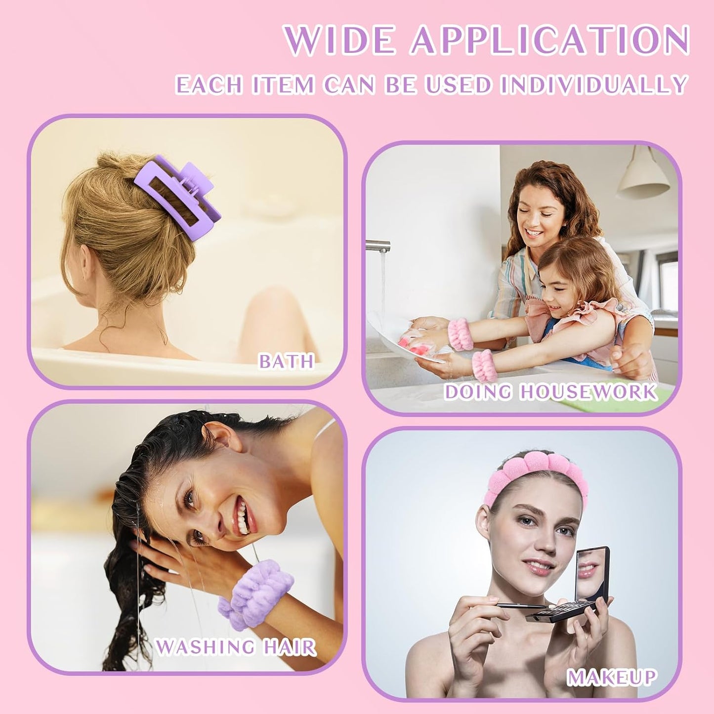 Wecoe Pink Purple Spa Headband And Wristband Set Skincare Headband For Washing Face Hair Claw Clips For Thick Hair Cute Puffy Sponge Bubble Makeup Head Band Wrist Towels Scrunchies For Women Girls