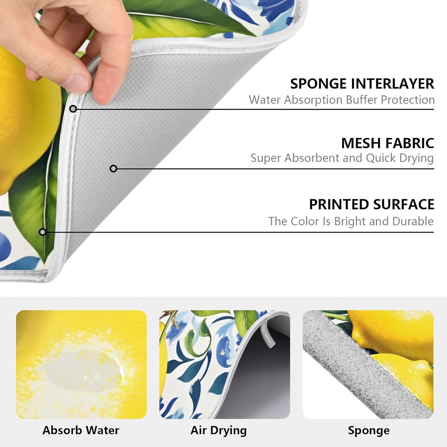 Lemon Italian Tile Blue E Dish Drying Mats for Kitchen Counter, 18x24 inch Drying Dishes Absorbent Microfiber Dish Drainer Mat Rack Pad Fast Dry