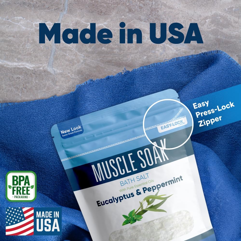 Muscle Soak Bath Salt 32 Ounces Epsom Salt with Natural Peppermint and Eucalyptus Essential Oils Plus Vitamin C in BPA Free Pouch with Easy Press-Lock Seal