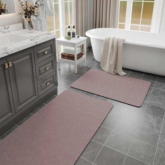 Blush Pink Bath Mat Set 2 Piece - Quick Dry Super Absorbent Diatomaceous Earth Bathroom Rugs With Rubber Backing Non-Slip for Shower Floor, 47x17 + 24x17