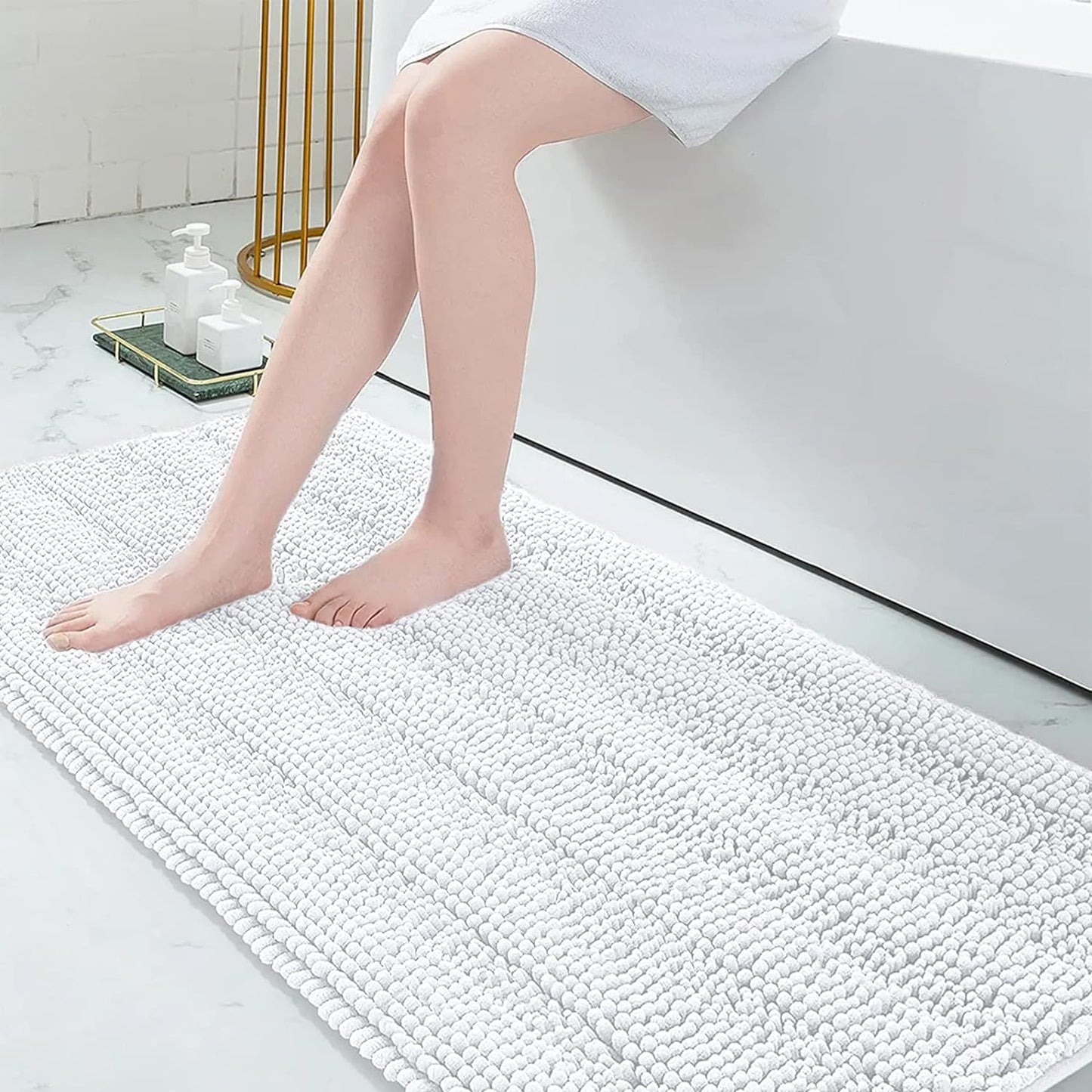 Grandaily Chenille Striped Bathroom Rugs 70x24, Extra Thick and Absorbent Bath Mats, Non-Slip Soft Plush Shaggy Shower Carpet, Machine Wash Dry, Bath Rug for Bathroom, White