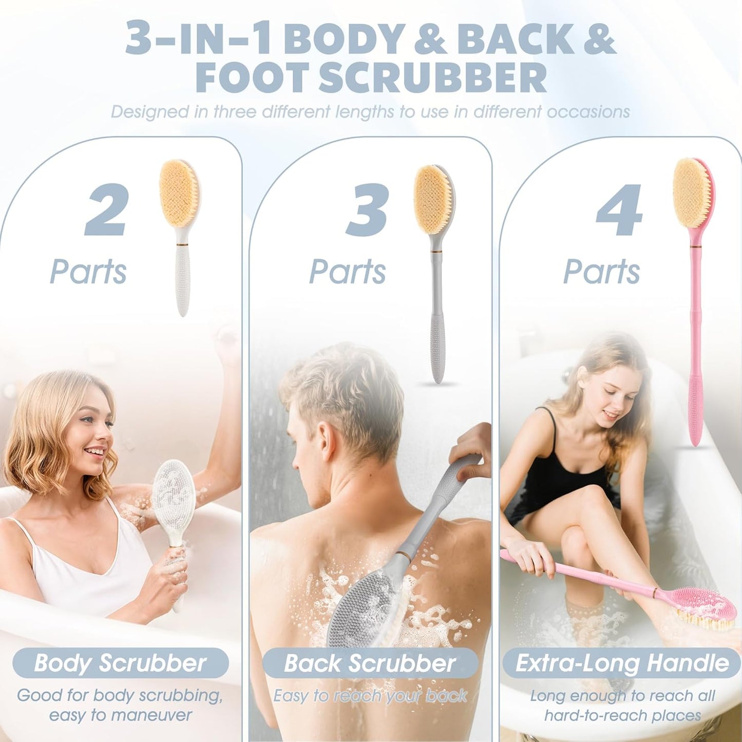 New Foot Brush & Back Scrubber Set 2PCS, 10.2''- 27.5'' Adjustable Foot Scrubber for Shower, 18.9'' Shower Back Scrubber with 3-Length Usage, Great Aid for People with Limited Mobility(White)