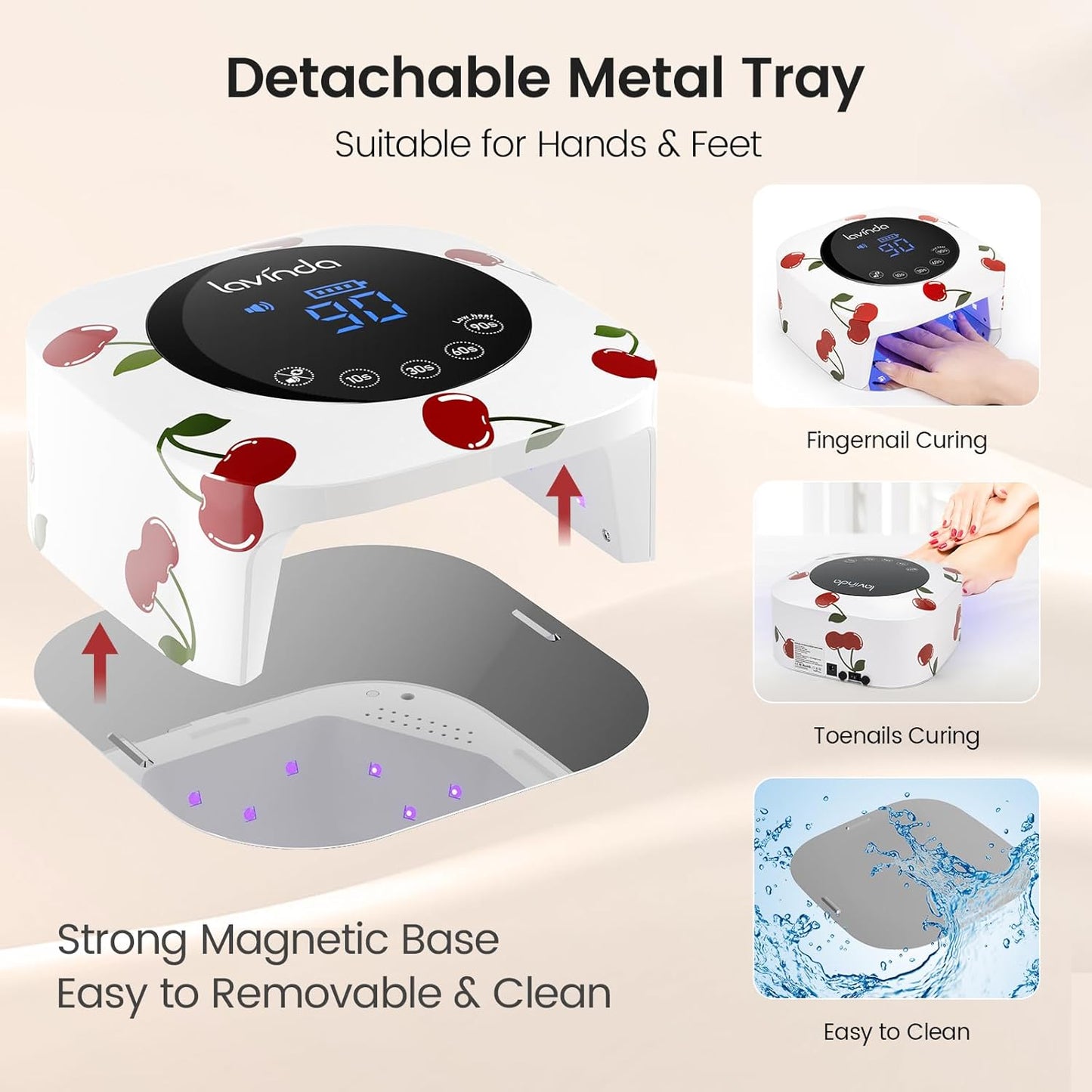 Lavinda 54W Nail Lamp UV Light for Gel Nails Rechargeable Cordless UV Lamp Nail Light with 4 Timer, 2X Faster Professional Gel Polish Curing Nail Dryer for Salon Use-Cherry Print