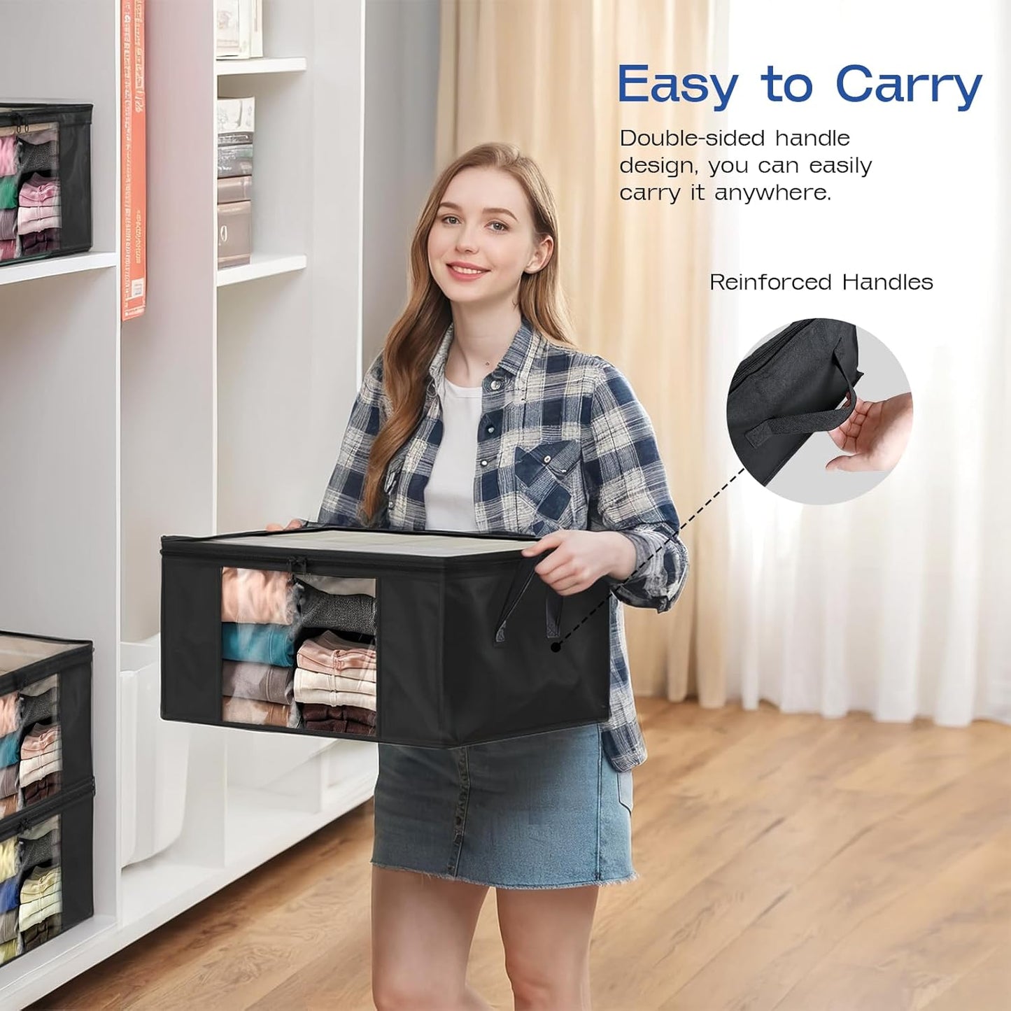 Clothes Storage Bags, Foldable Thick Fabric Blanket Storage Bags, Large Clear Window & Carry Handles, Great for Clothes, Blankets, Closets, Pillows, Toys (Black, 4PACK)